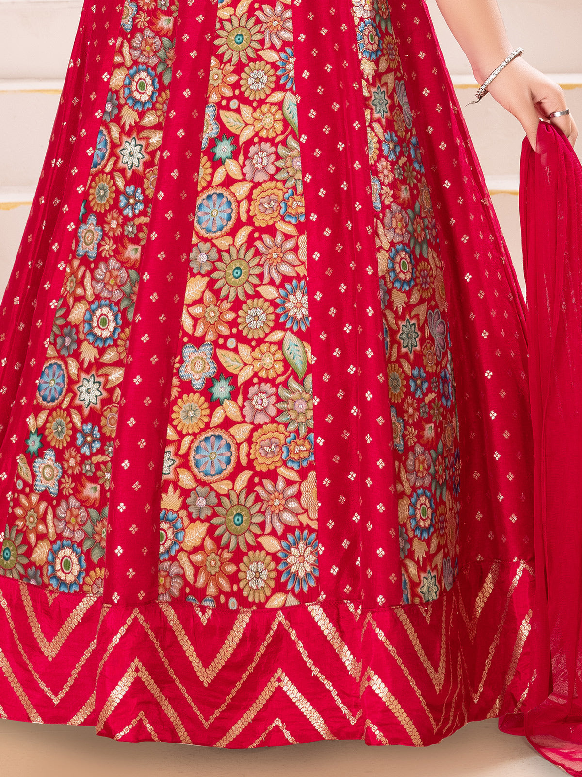 Red silk wedding wear gown with zari glow for girls