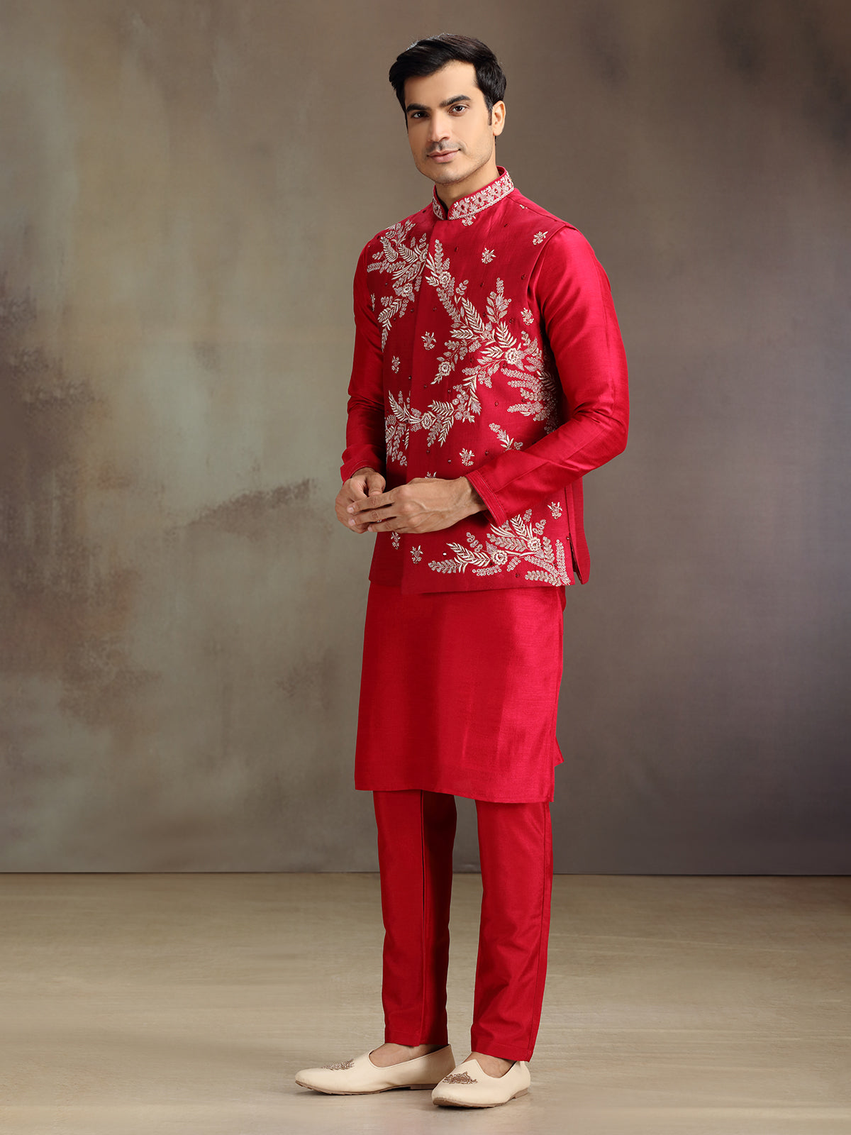 Red wedding wear silk waistcoat set for men