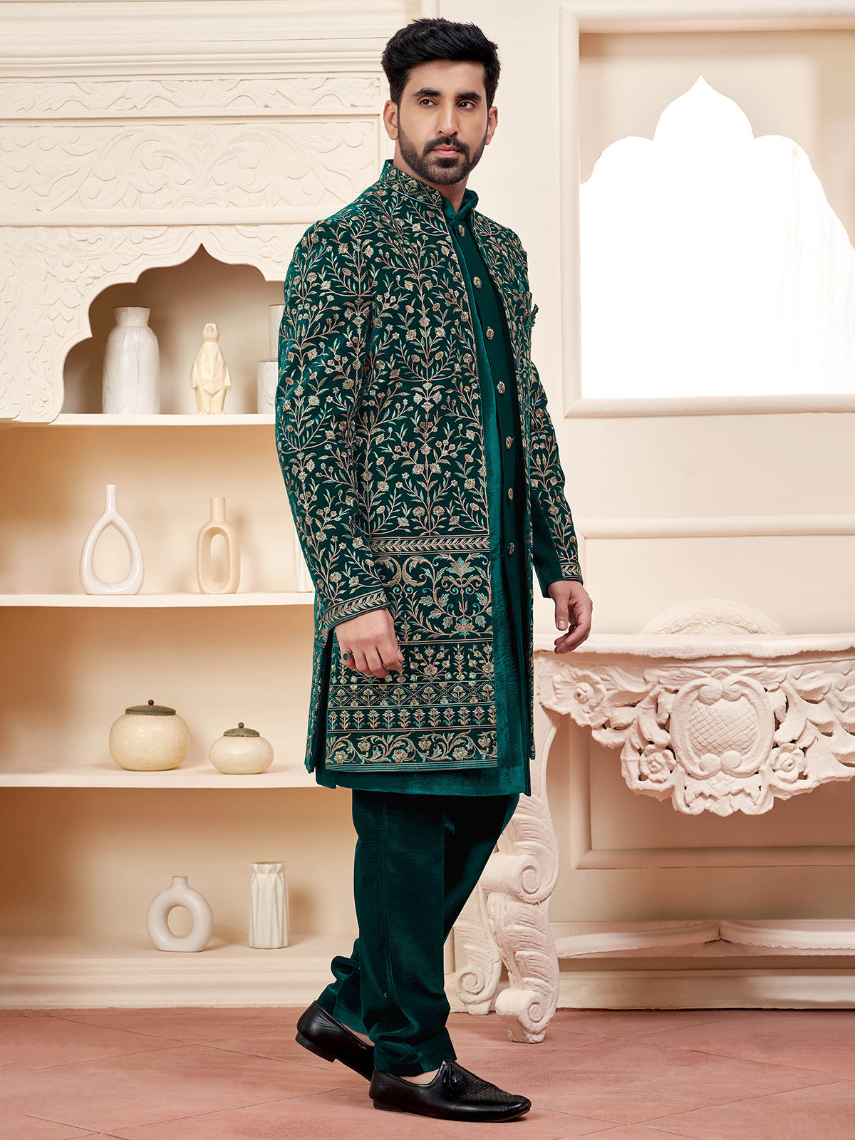 Rich dark green indowestern for wedding grandeur
