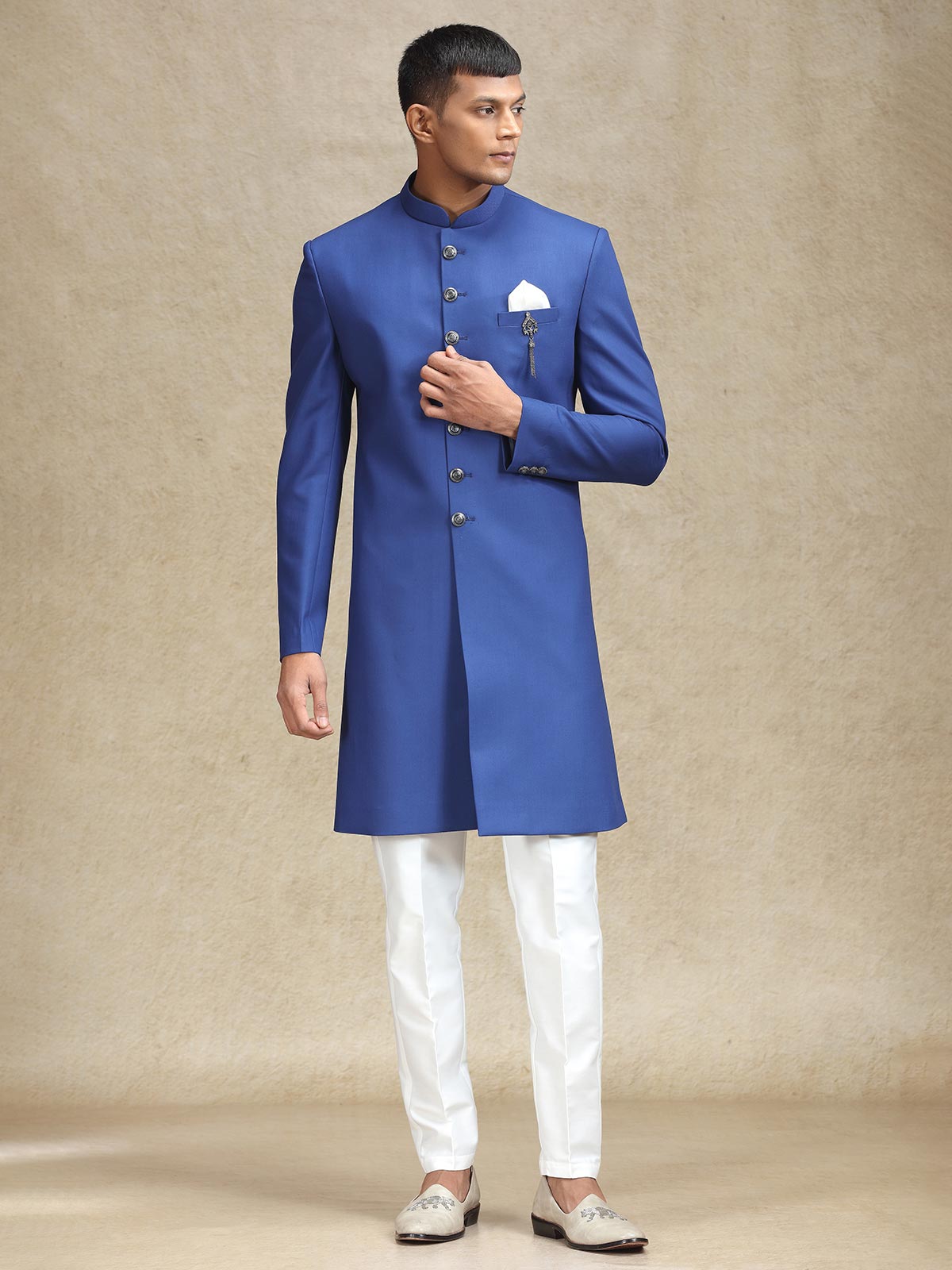 Royal blue indo western in terry rayon for men