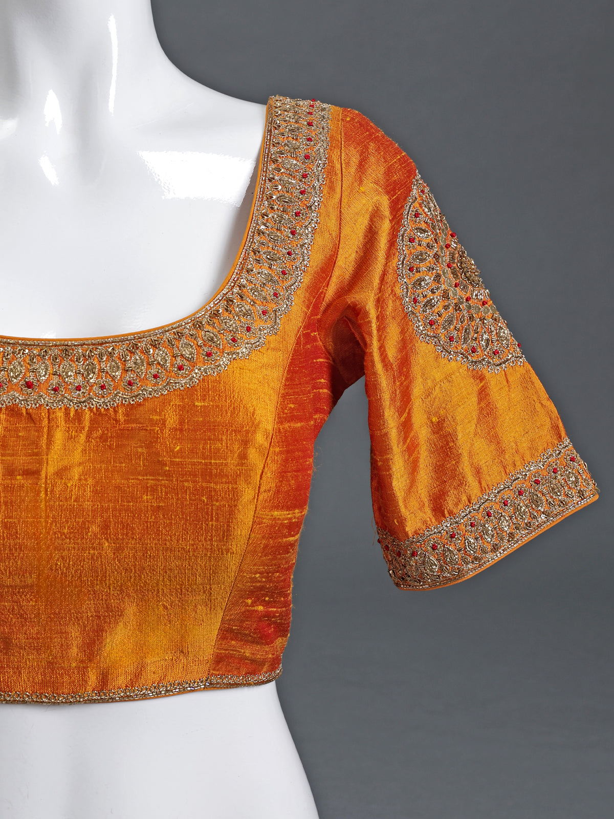 Rust orange raw silk round neck half sleeve blouse