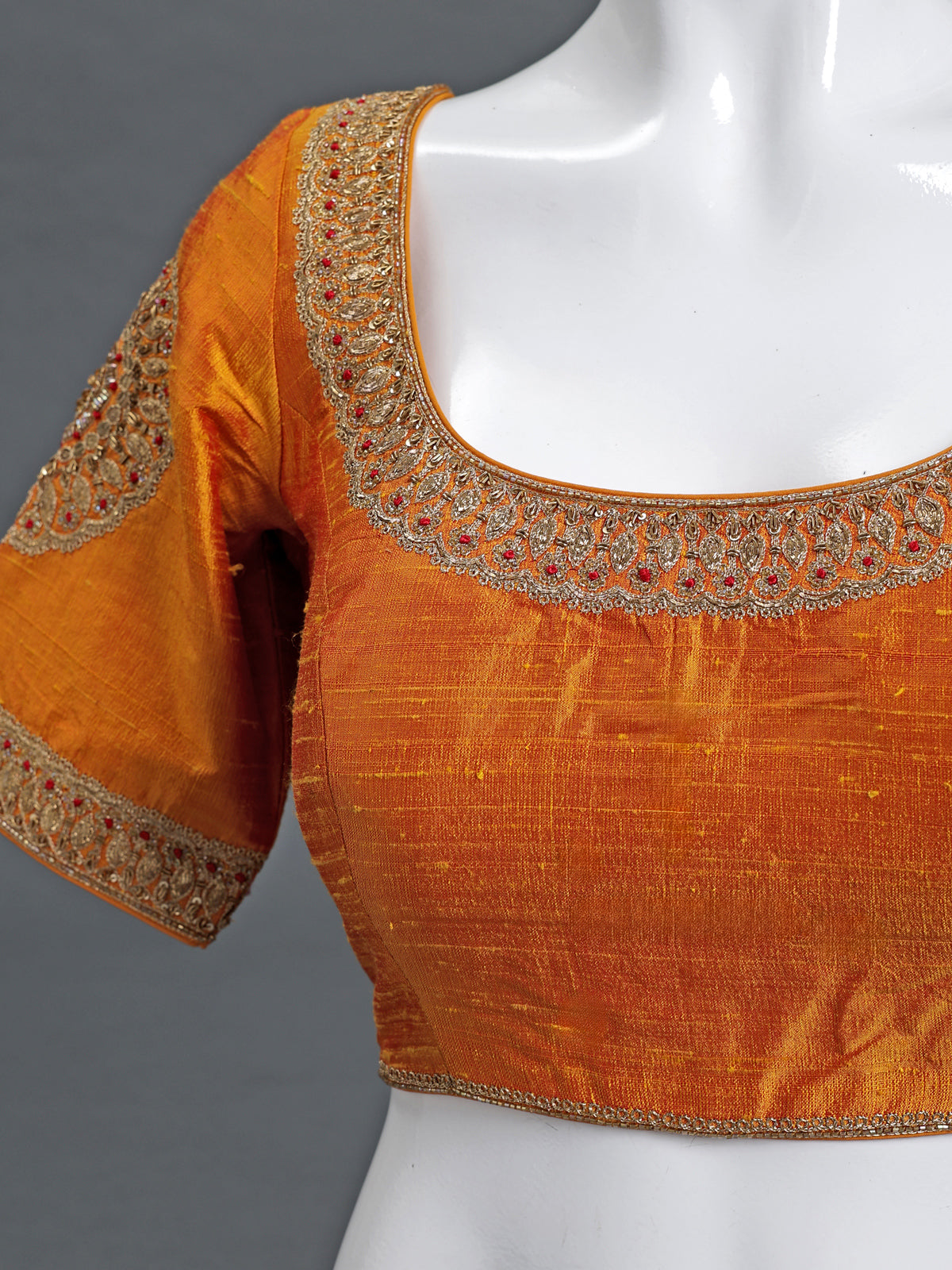 Rust orange raw silk round neck half sleeve blouse