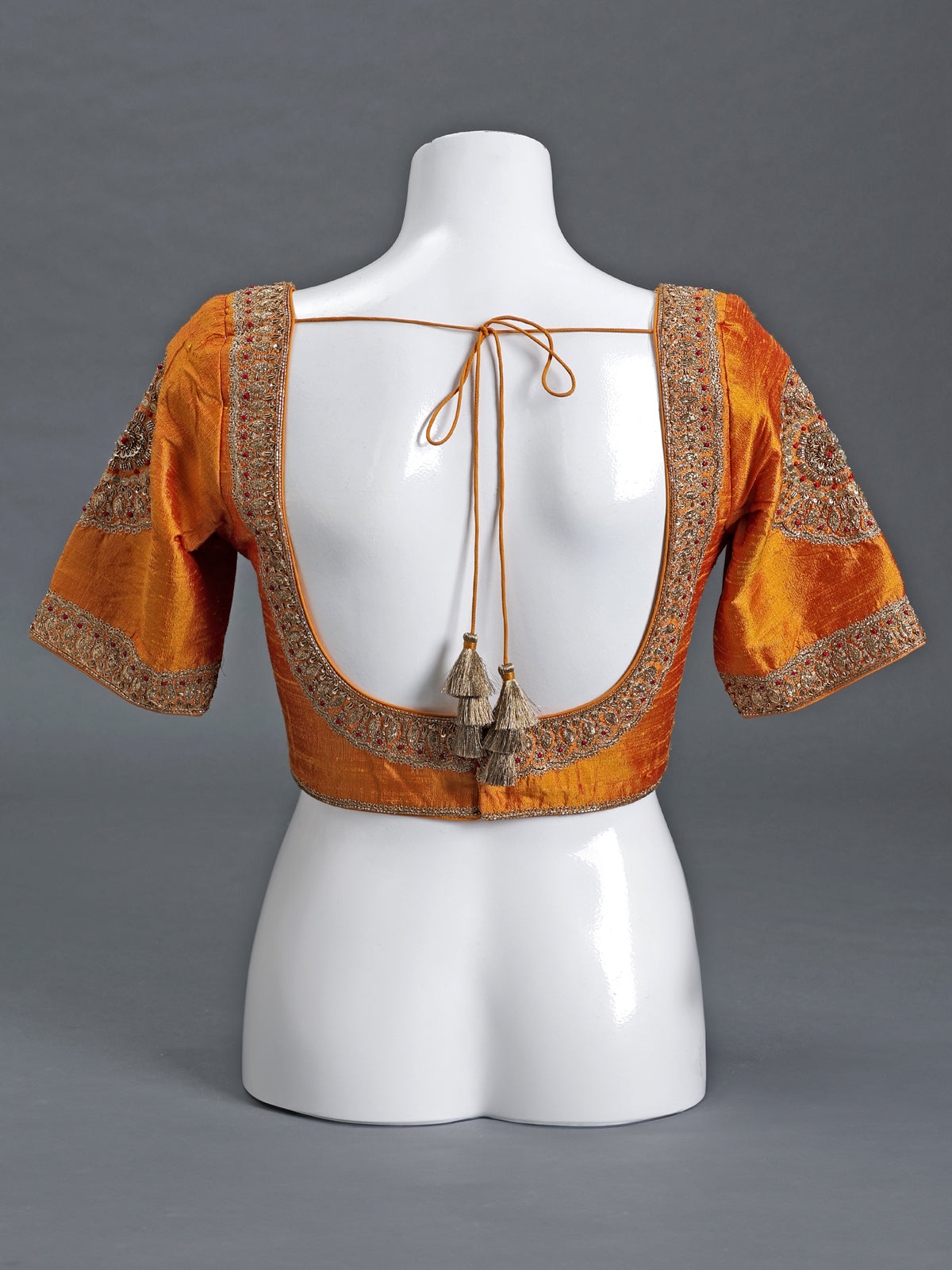 Rust orange raw silk round neck half sleeve blouse