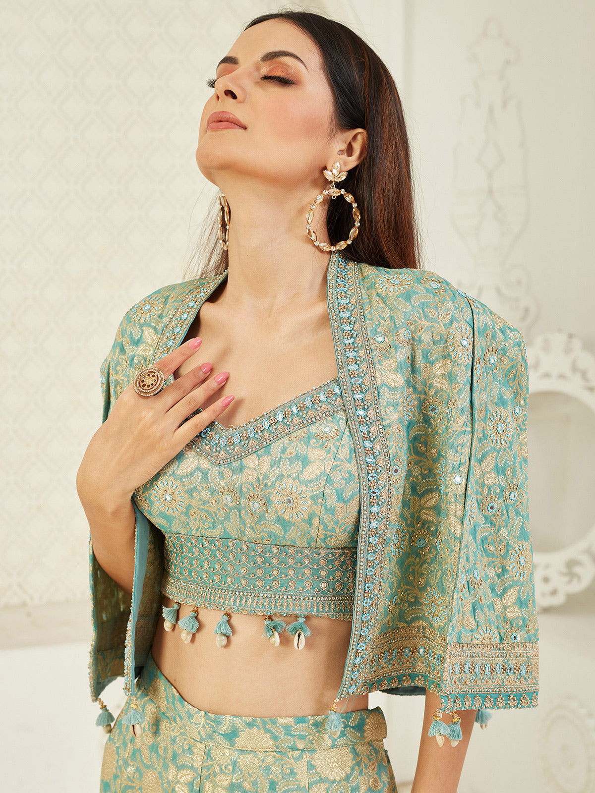 Sage green elegant silk jacket style palazzo suit for women