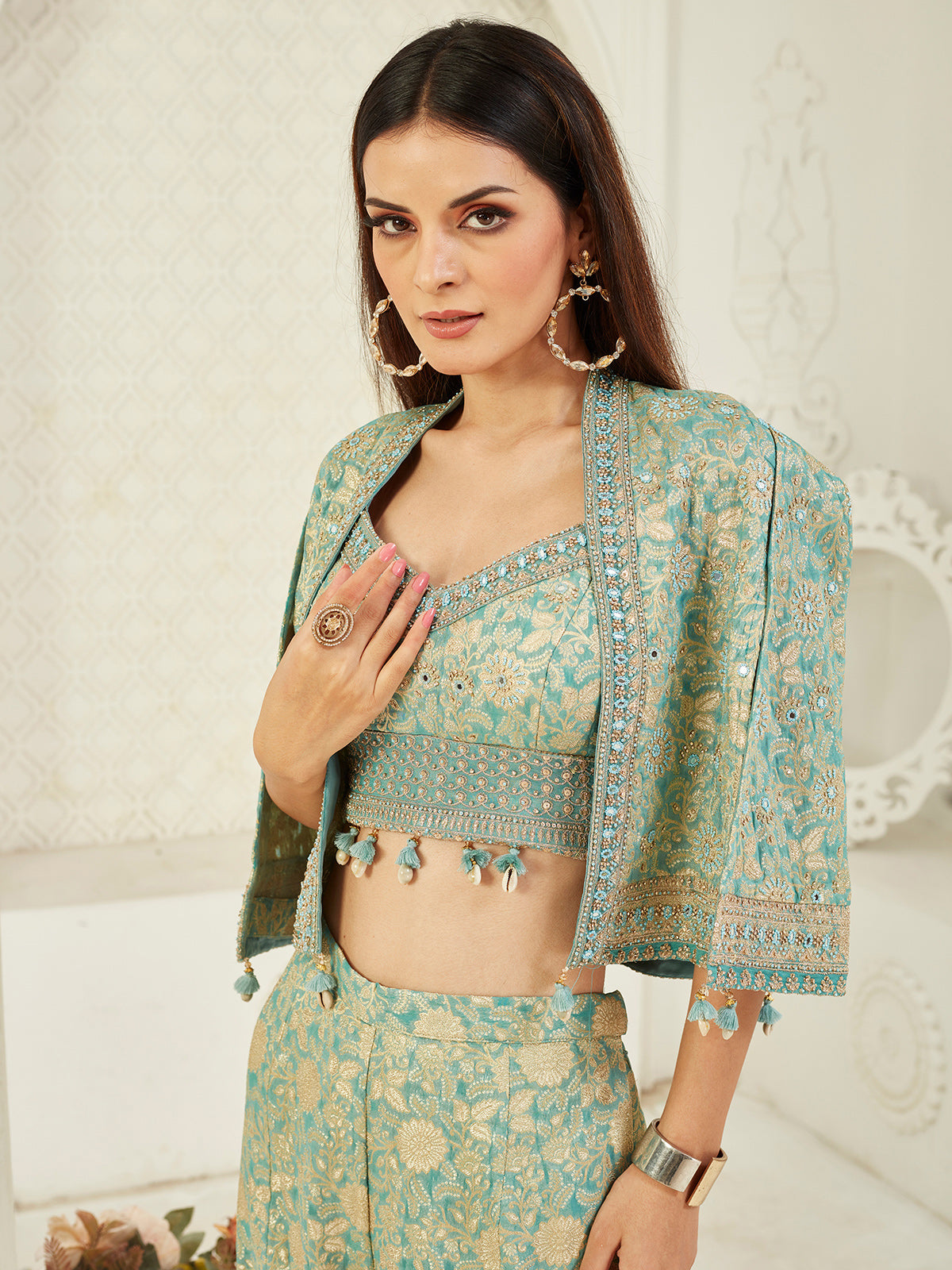 Sage green elegant silk jacket style palazzo suit for women