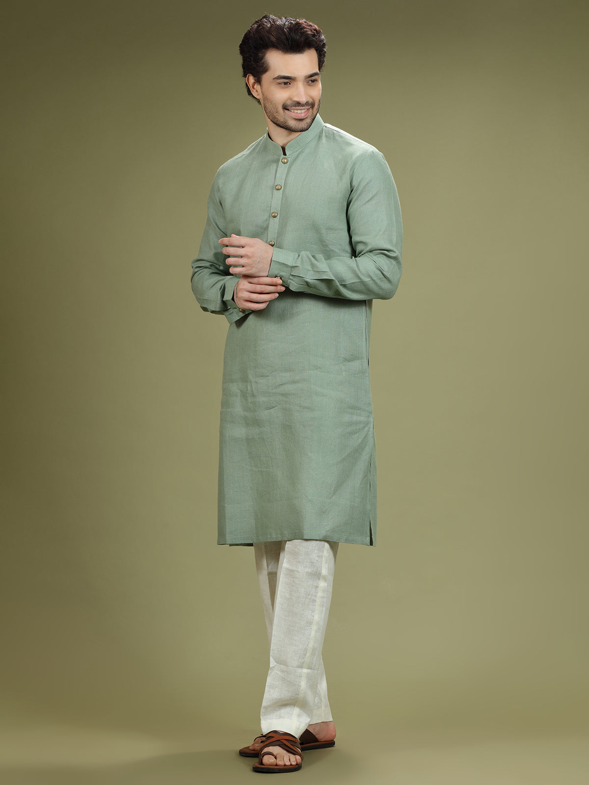 Sage green linen kurta suit