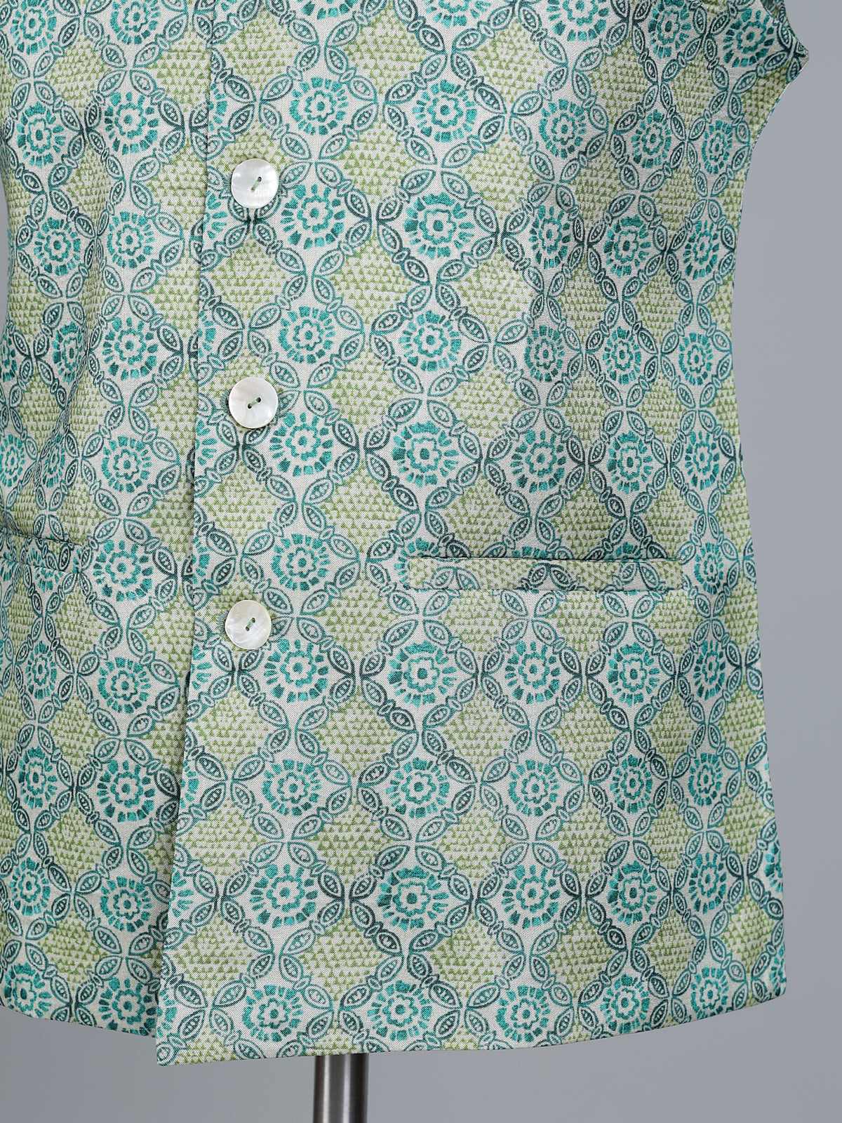 Sage green silk printed festive waistcoat