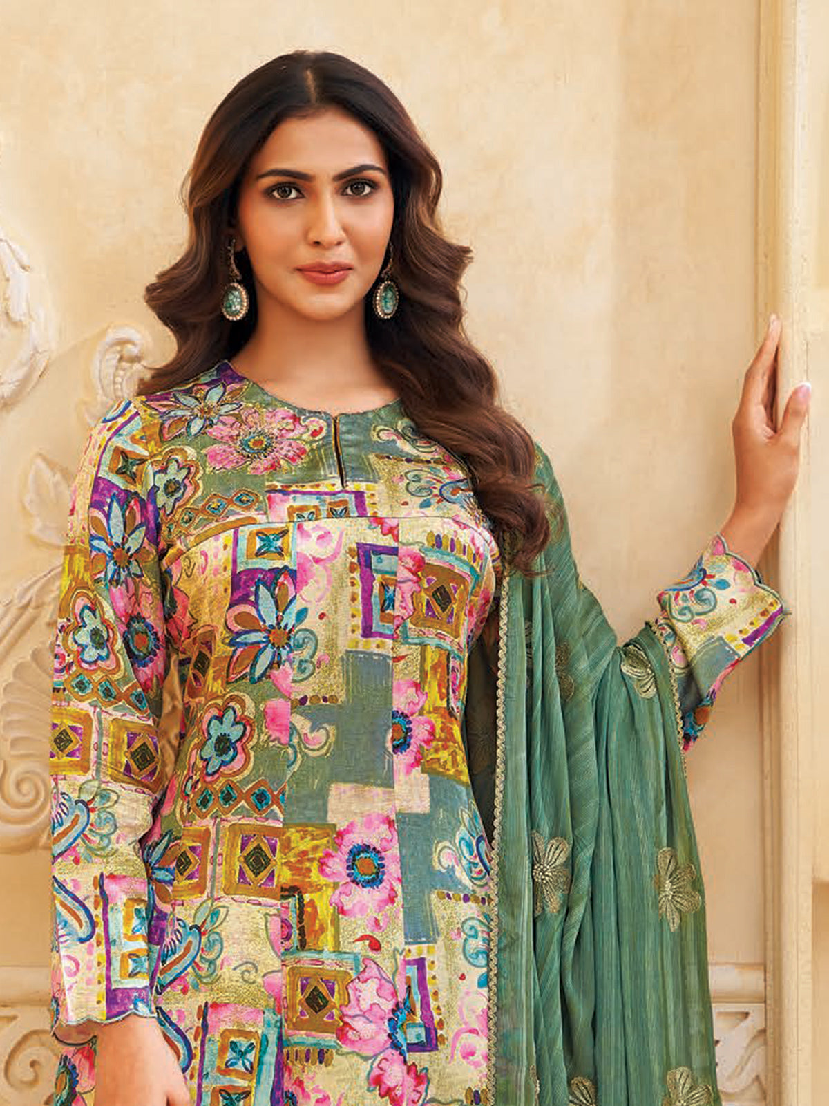 Sage green silk printed salwar suit with dupatta