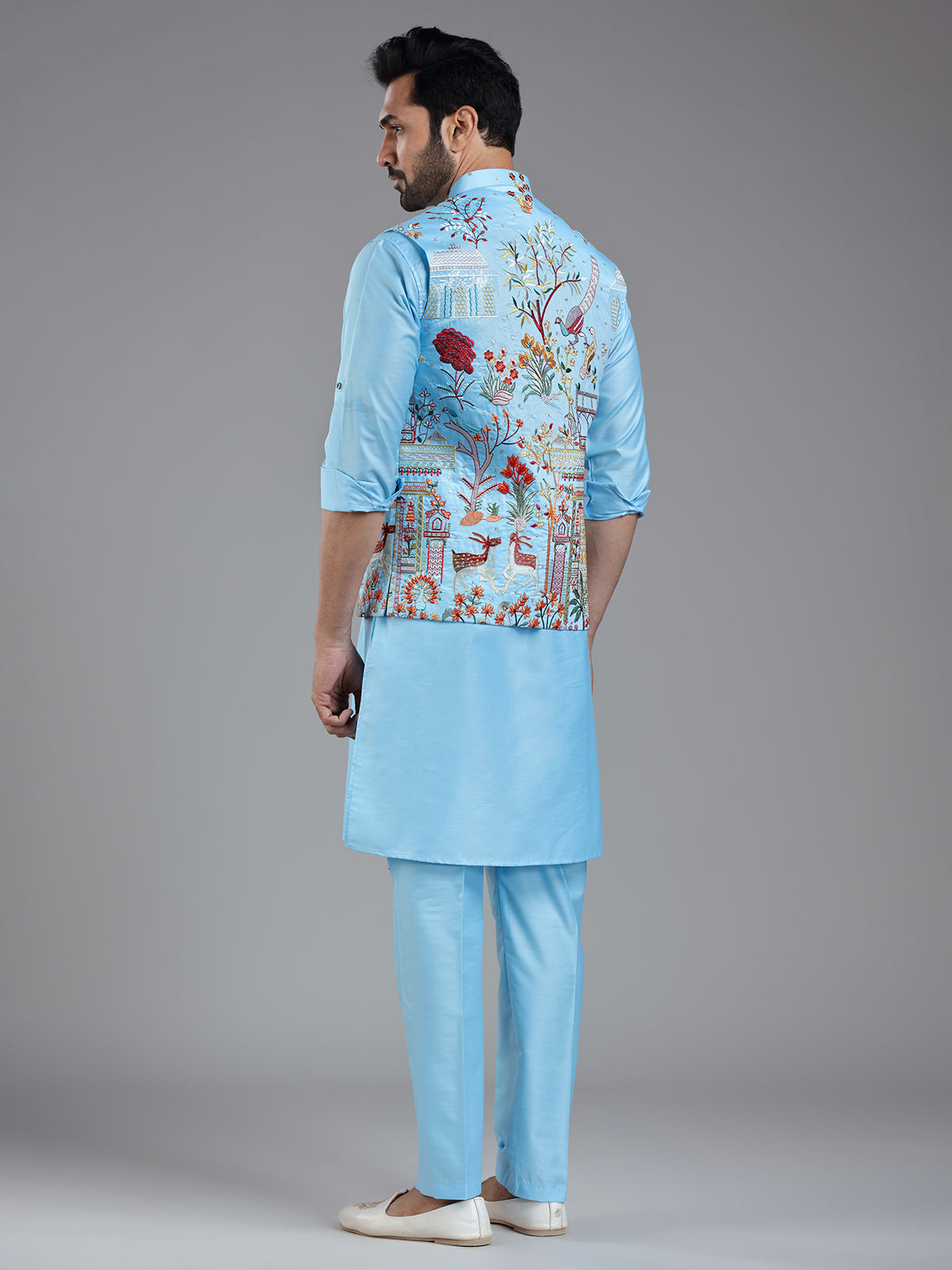 Shiny firozi blue kurta jacket set with colorful embroidery