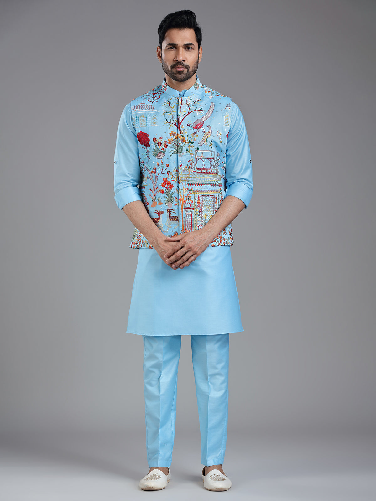 Shiny firozi blue kurta jacket set with colorful embroidery
