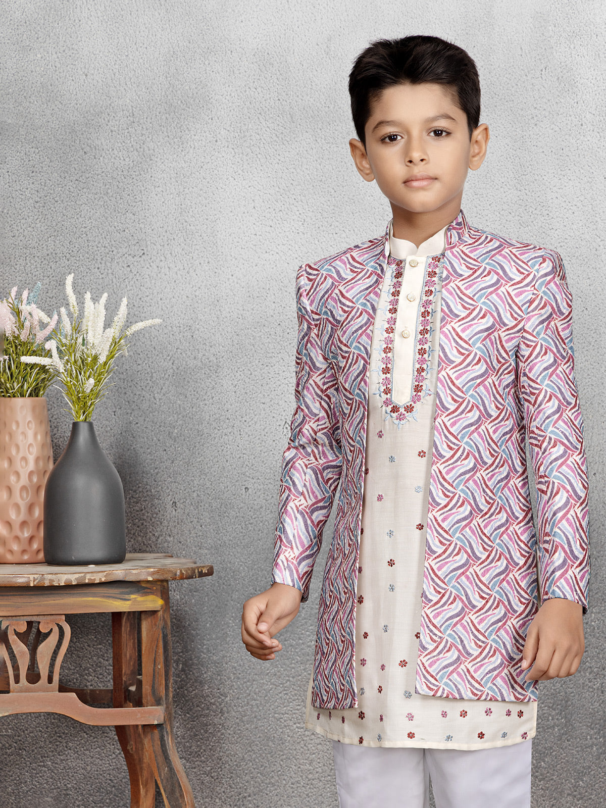 Silk cream textured indowestern