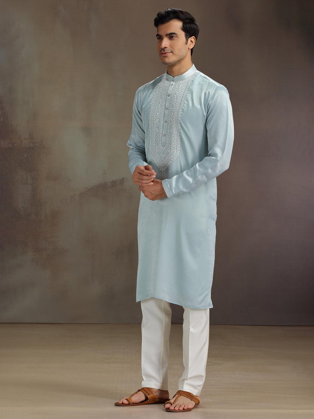 Sky blue silk beaded work kurta suit