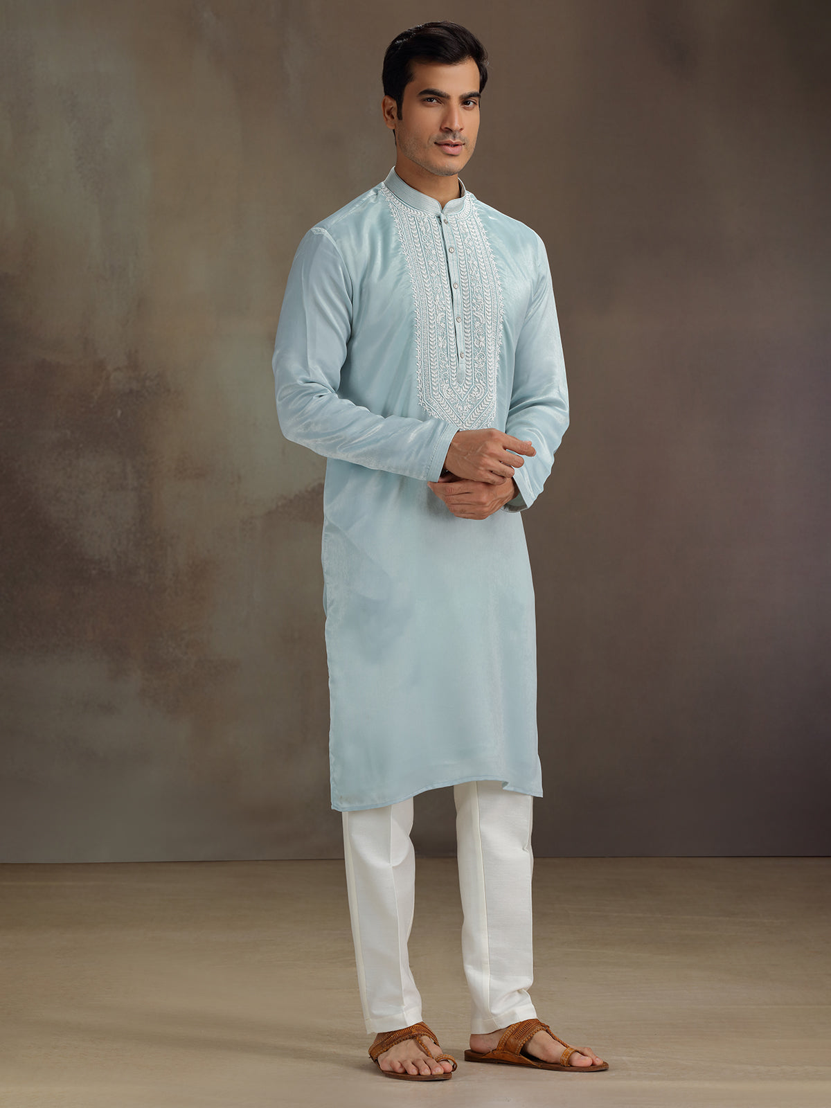 Sky blue silk beaded work kurta suit