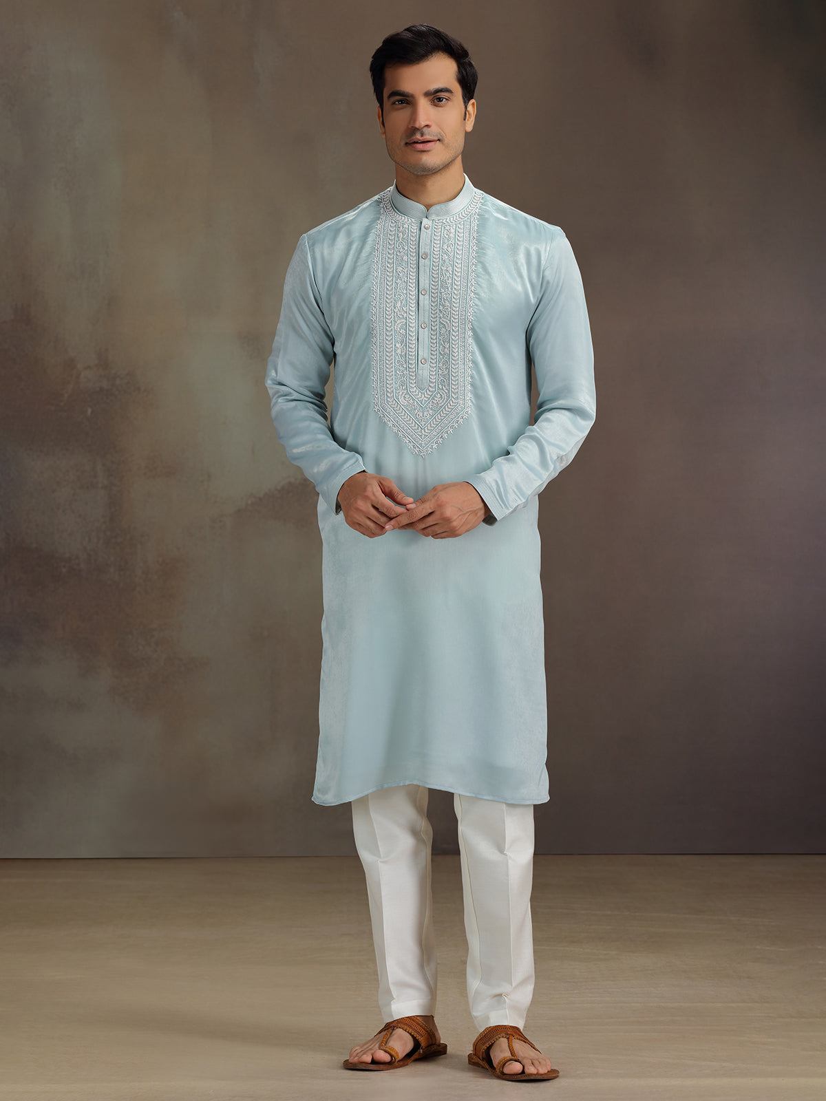 Sky blue silk beaded work kurta suit