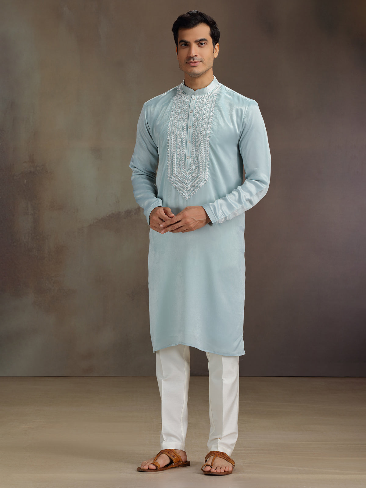 Sky blue silk beaded work kurta suit