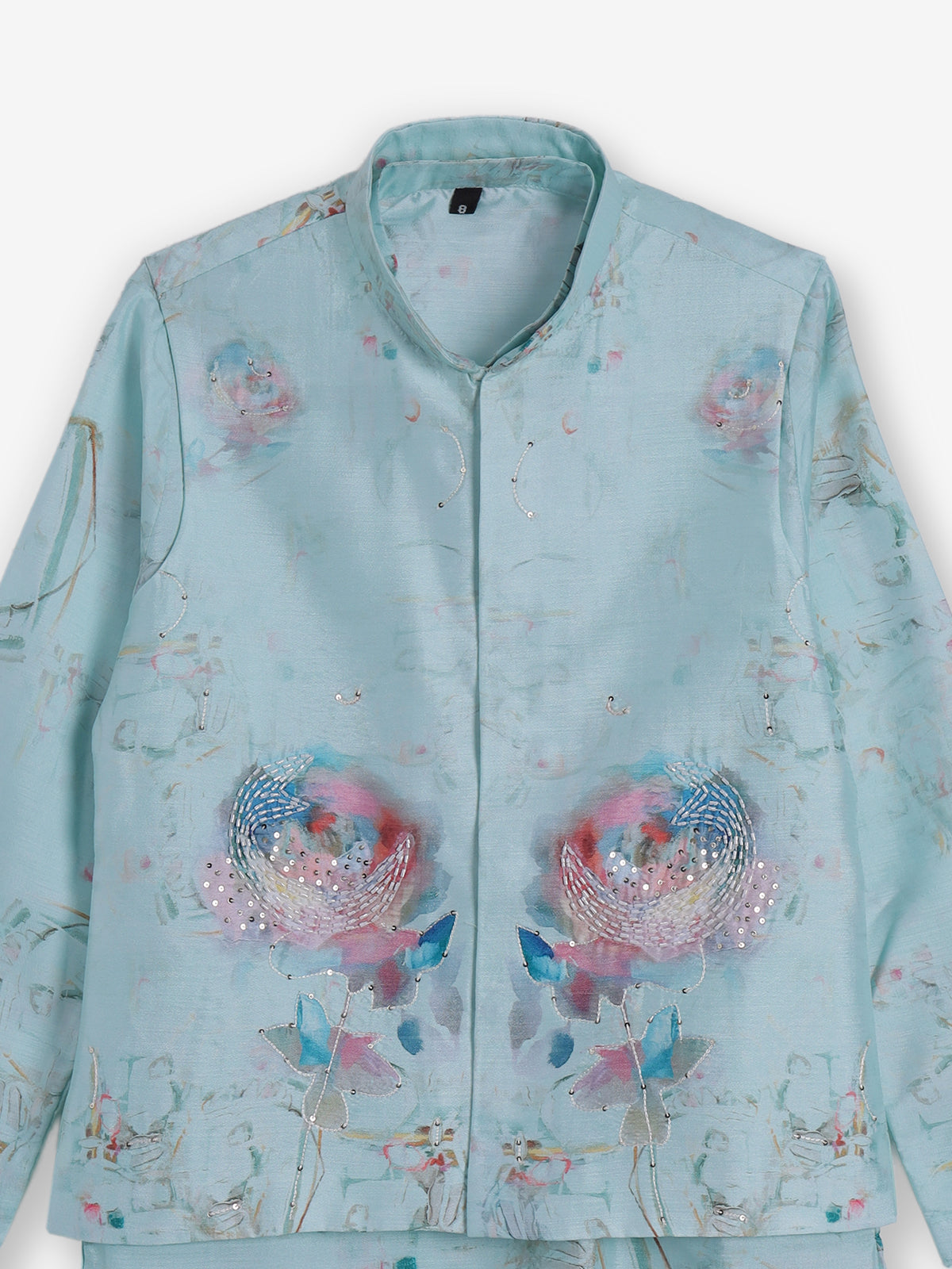 Sky blue silk printed cutdana waistcoat ensemble
