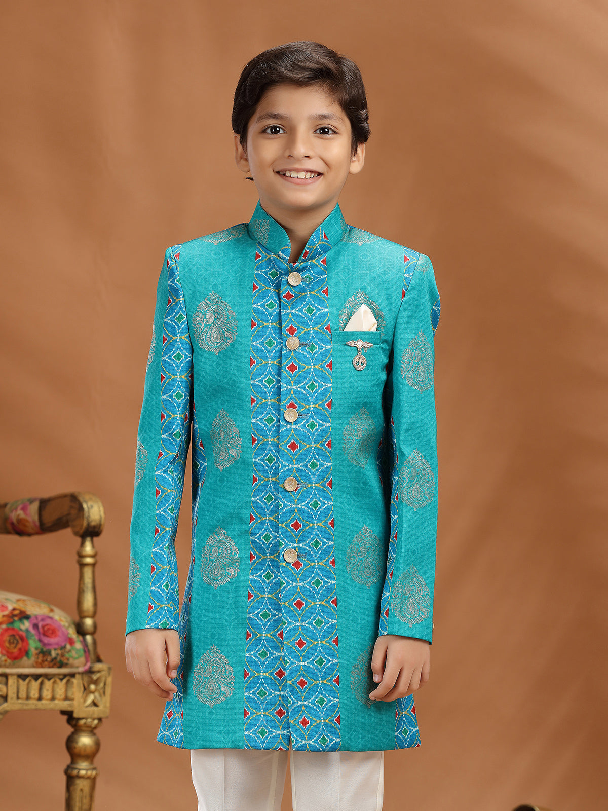 Sky blue zari printed silk boys indo western outfit