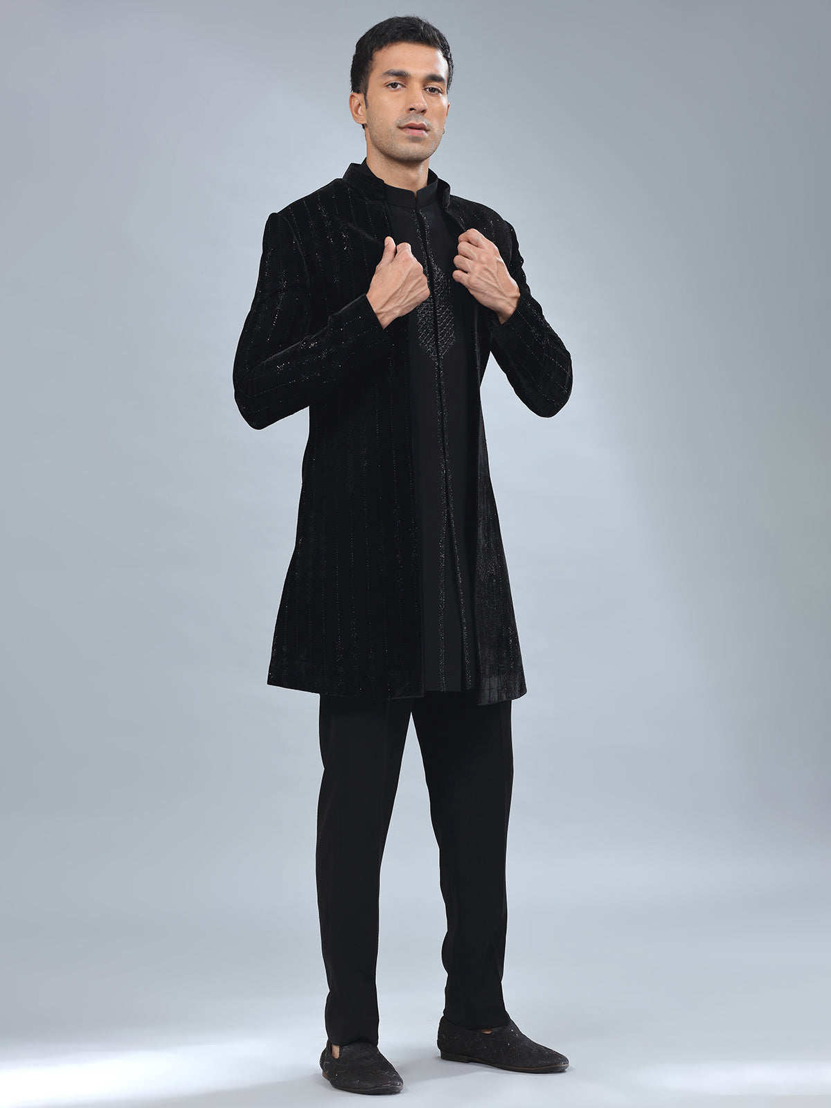 Smashing black velvet indowestern for men