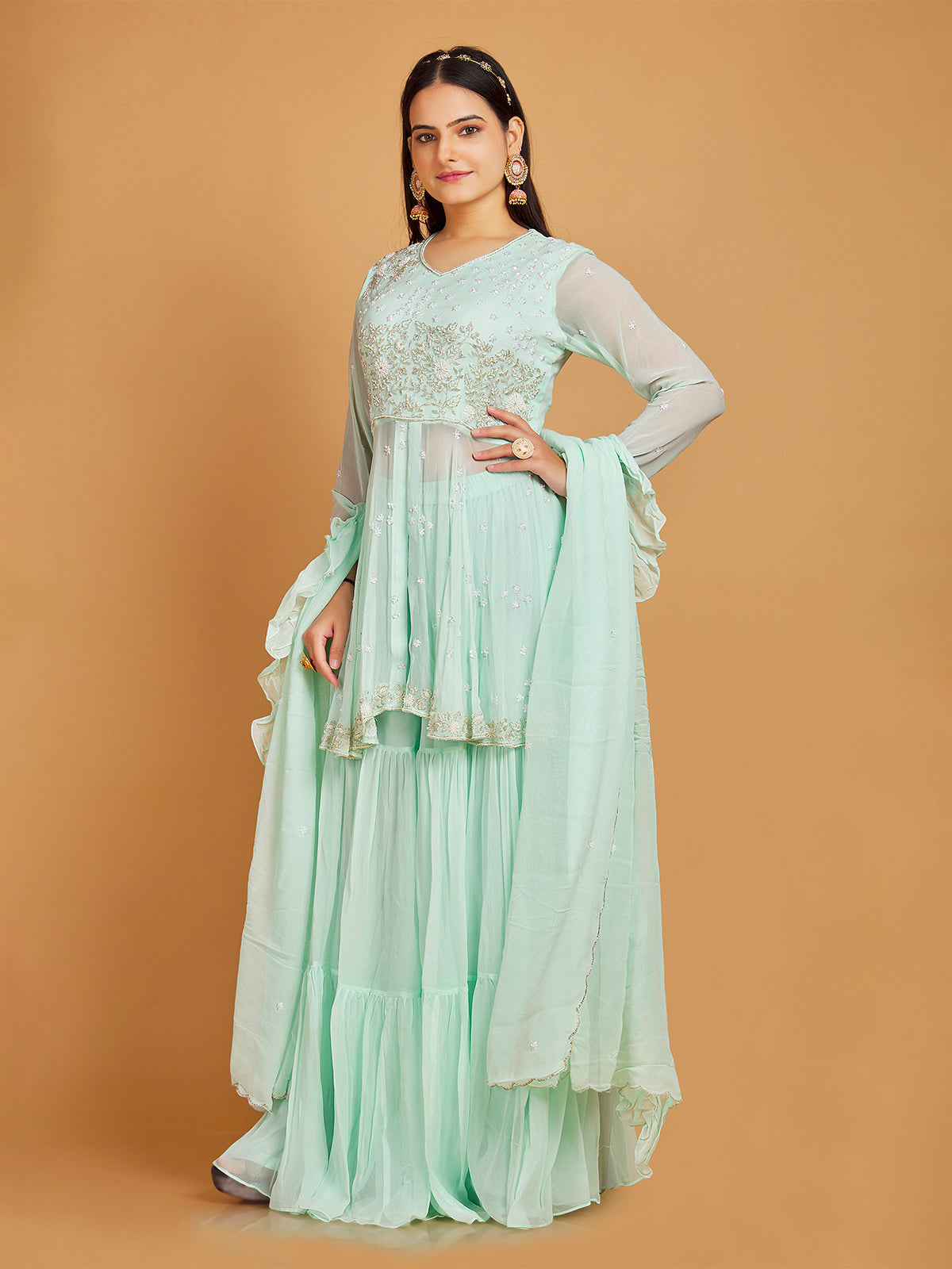Stunning georgette mint green palazzo suit