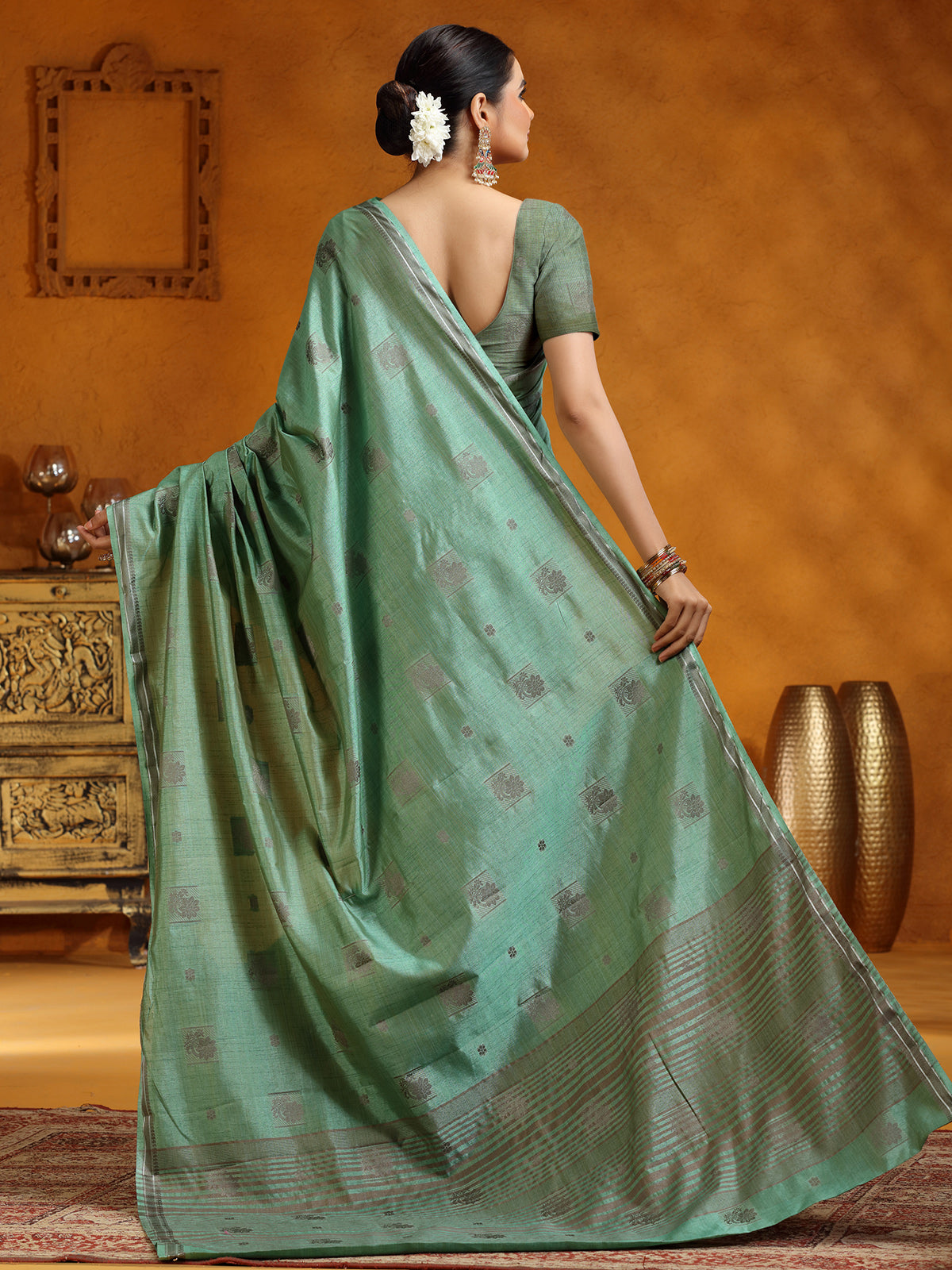 Stunning mint green silk saree
