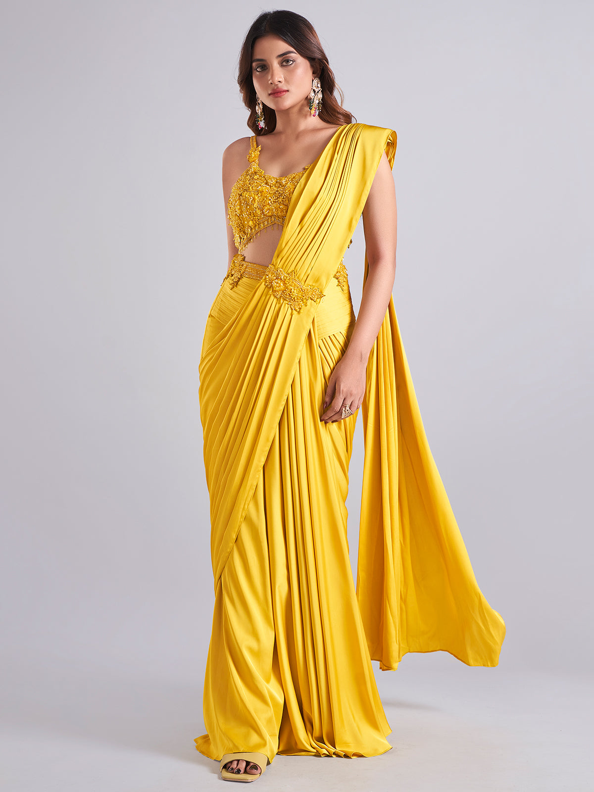 Stunning mustard yellow satin saree