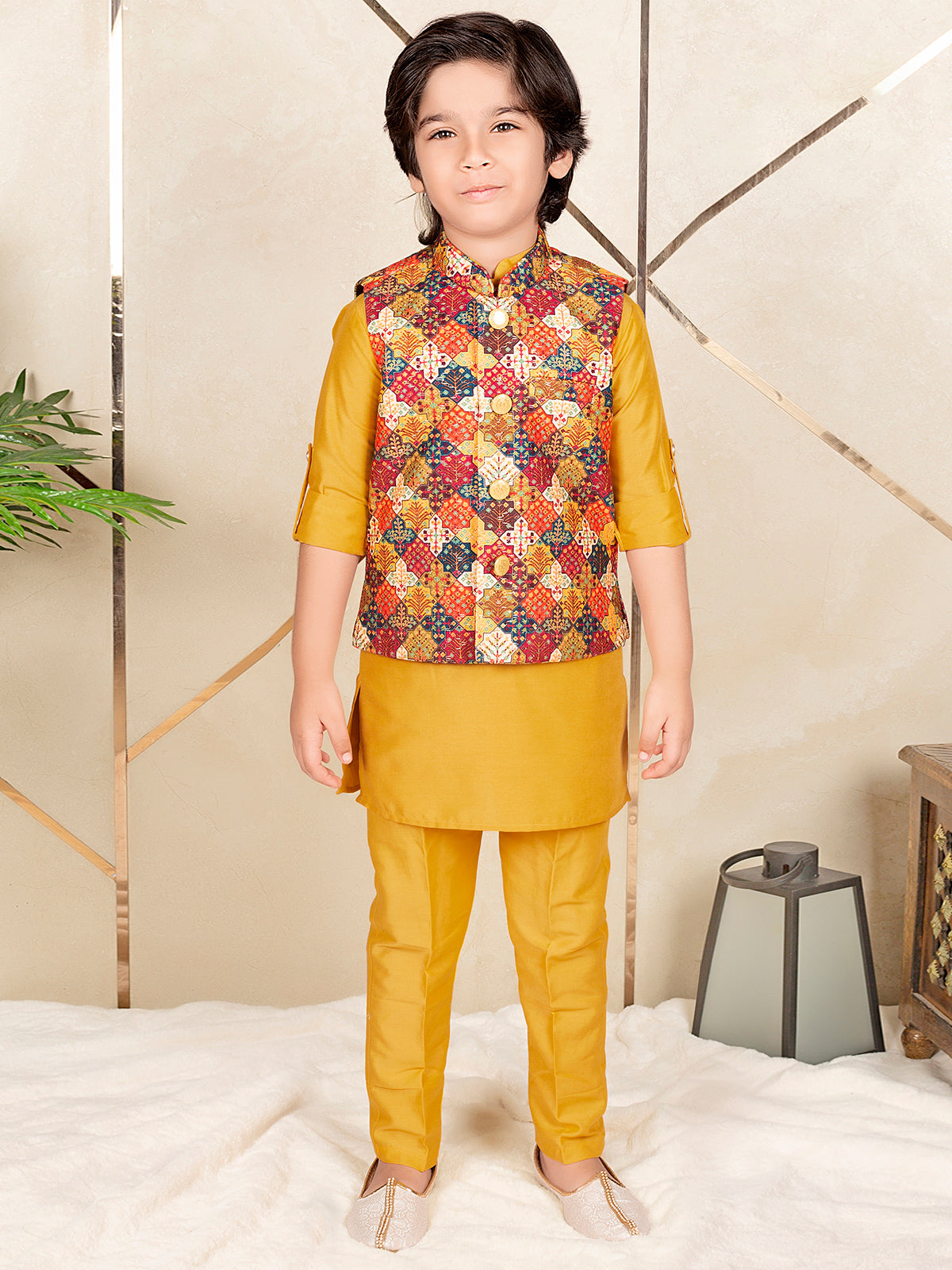 Stunning mustard yellow silk festive wear waistcoat set for boys