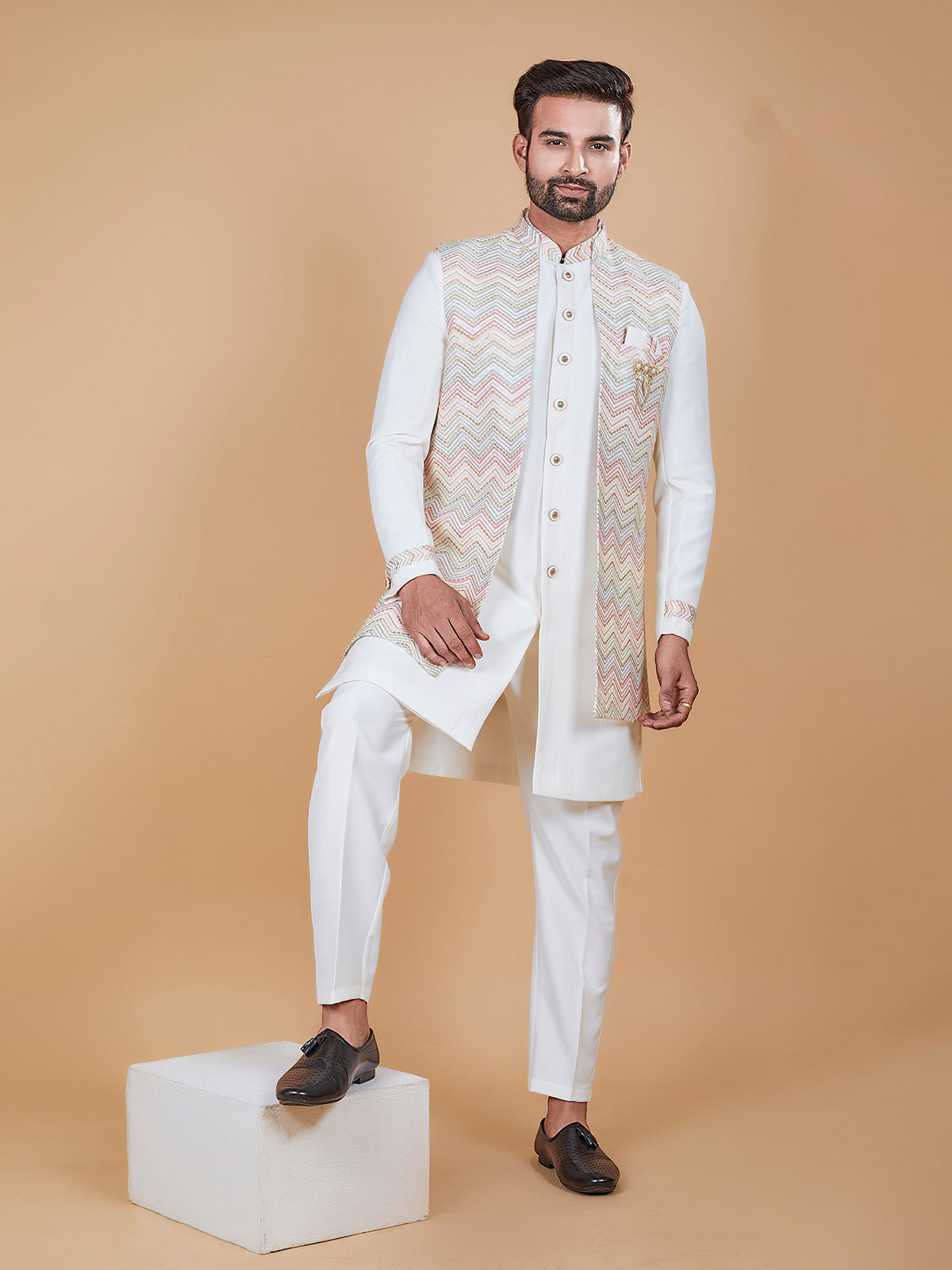 Stunning silk cream indowestern