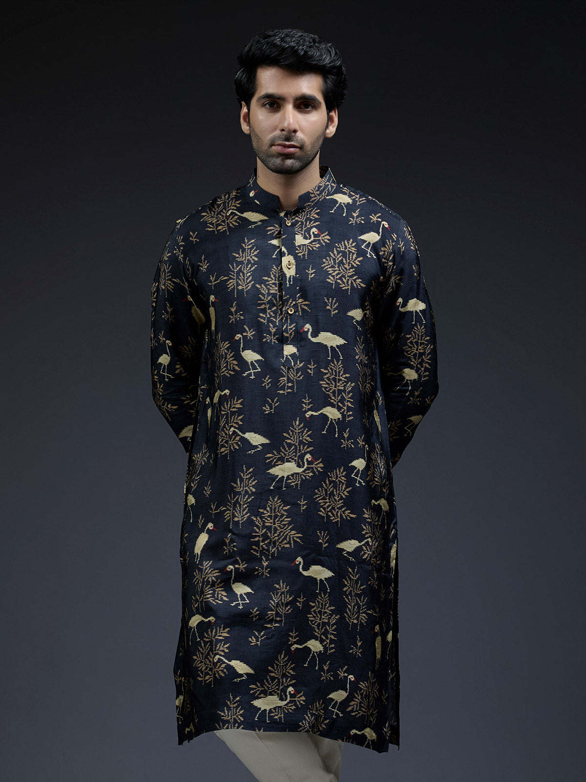 Black silk kurta suit in bird floral print