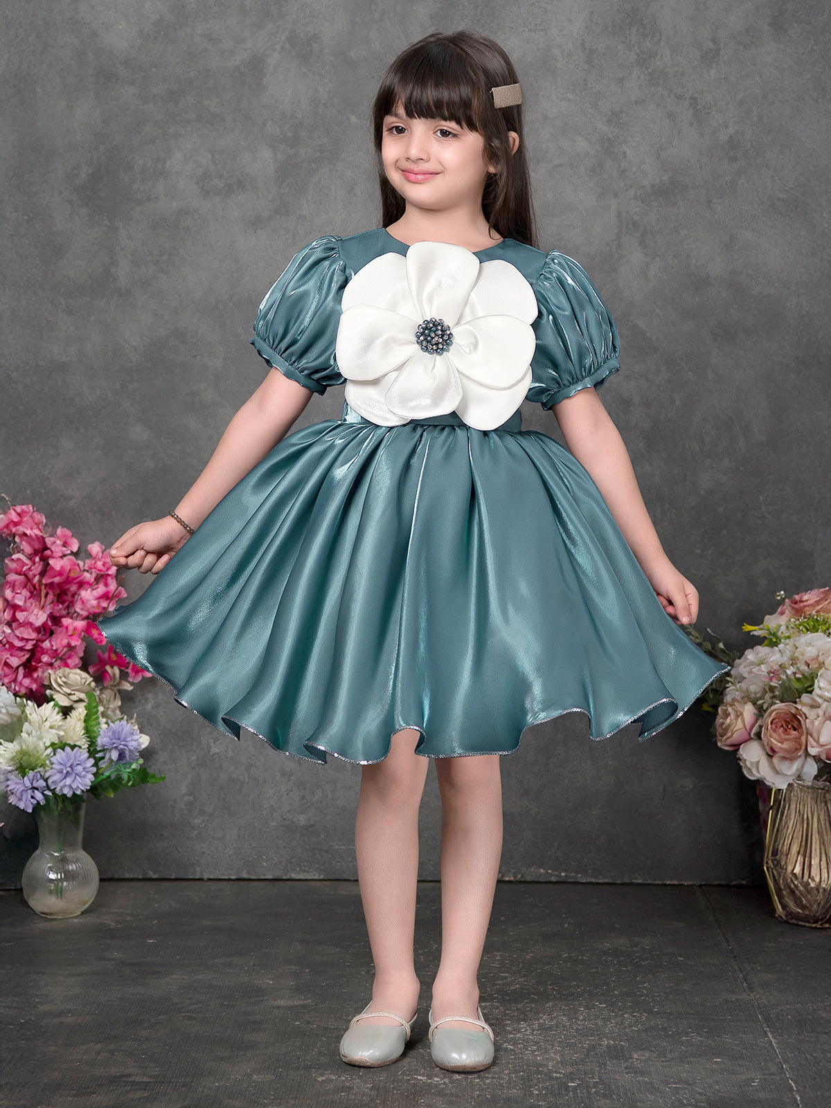 Teal blue satin silk frock for party wear