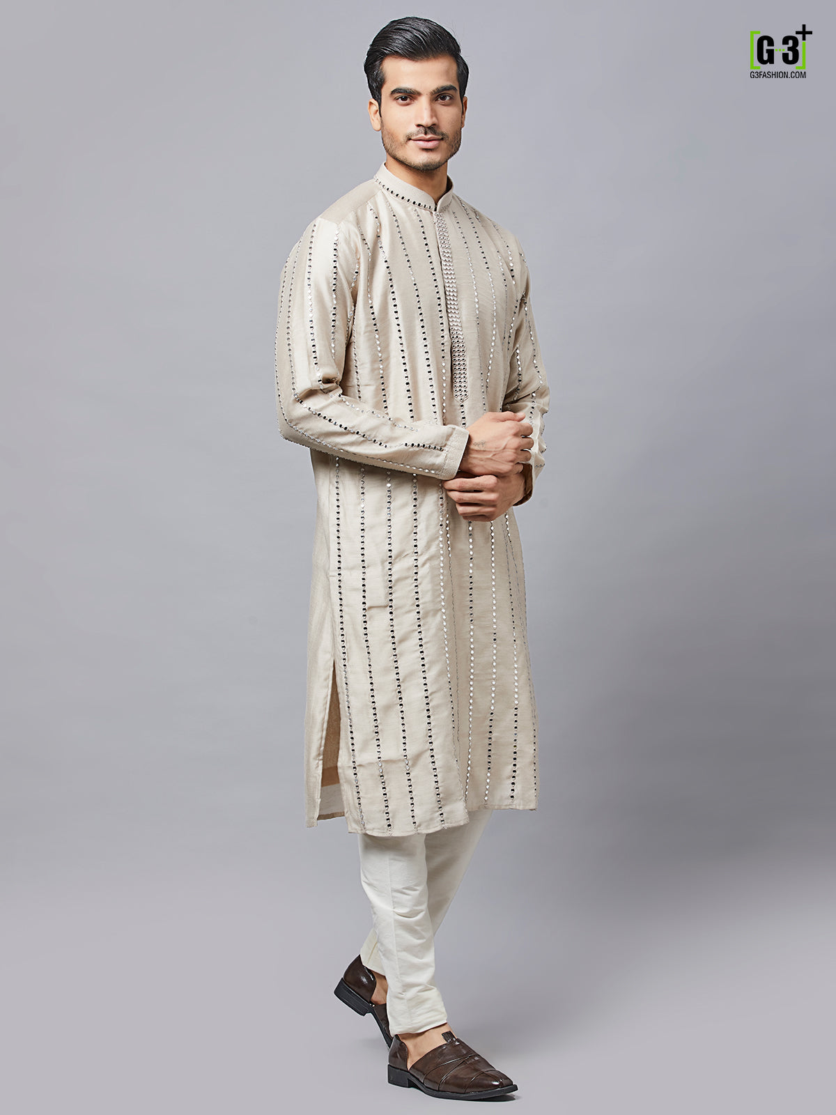 Thread work men beige silk kurta set