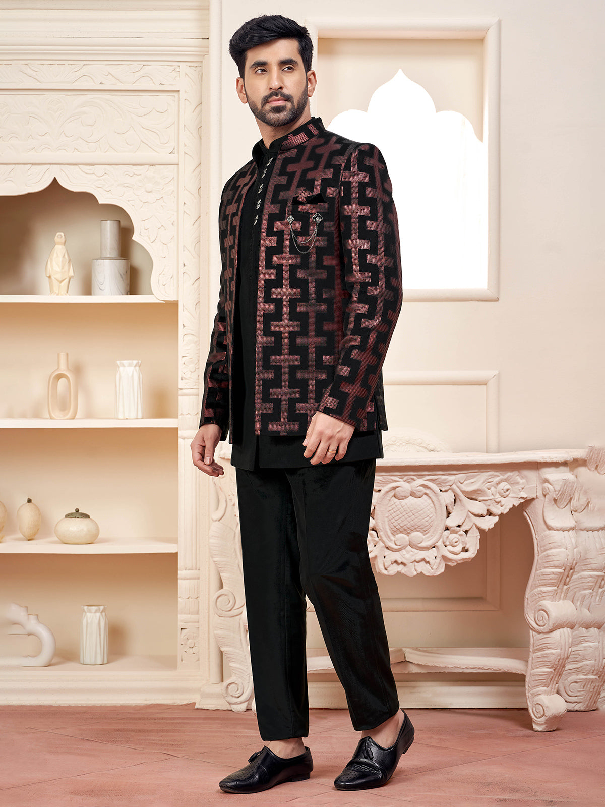 Timeless black indo western with sequins for wedding