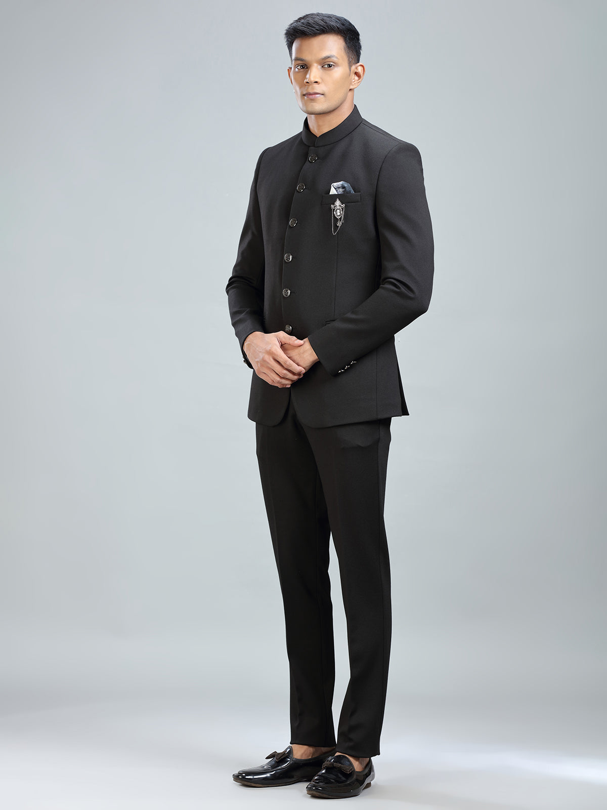 Timeless black jodhpuri suit in luxurious terry rayon fabric
