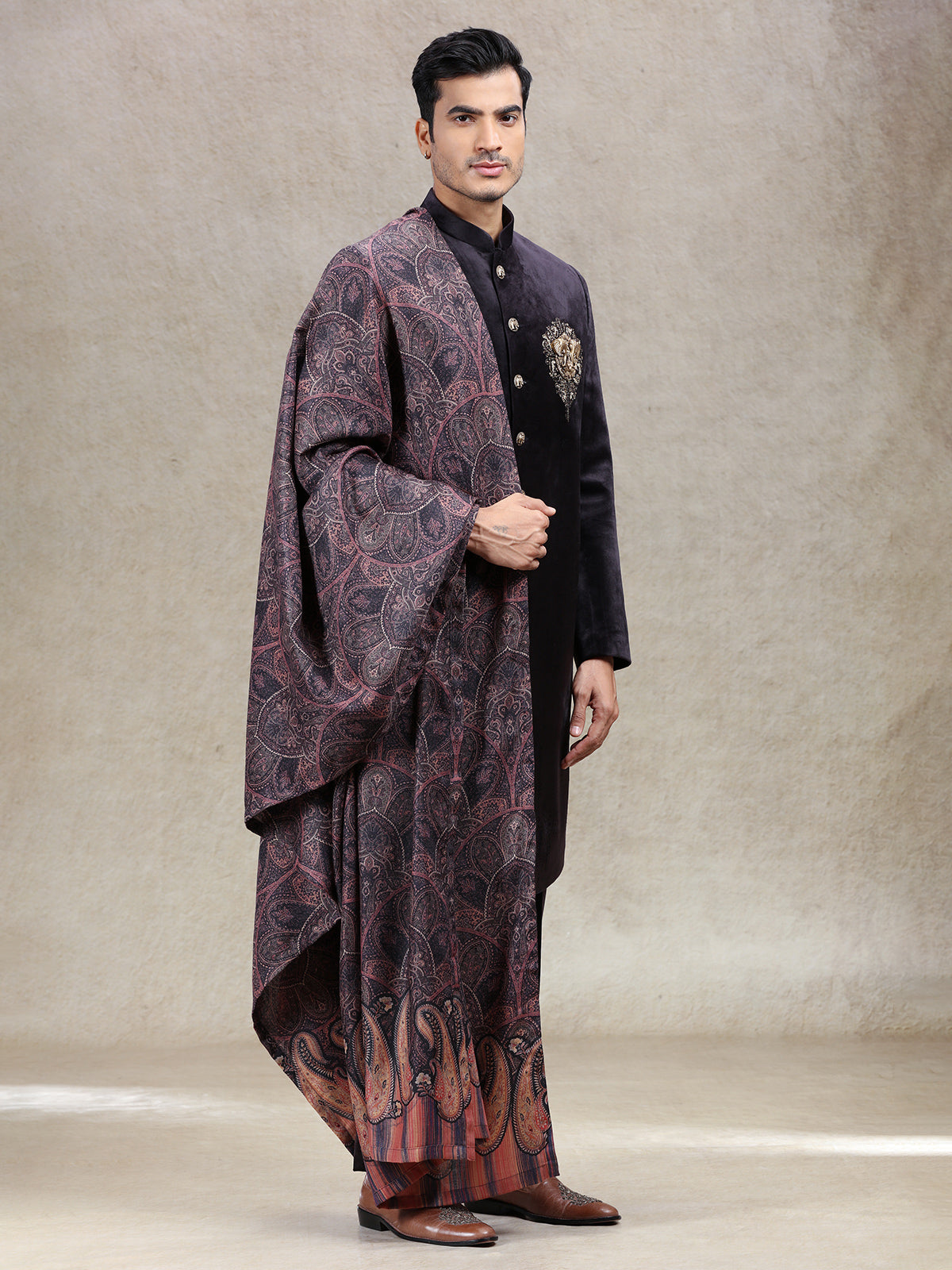 Timeless classsy wine sherwani in velvet with dupatta