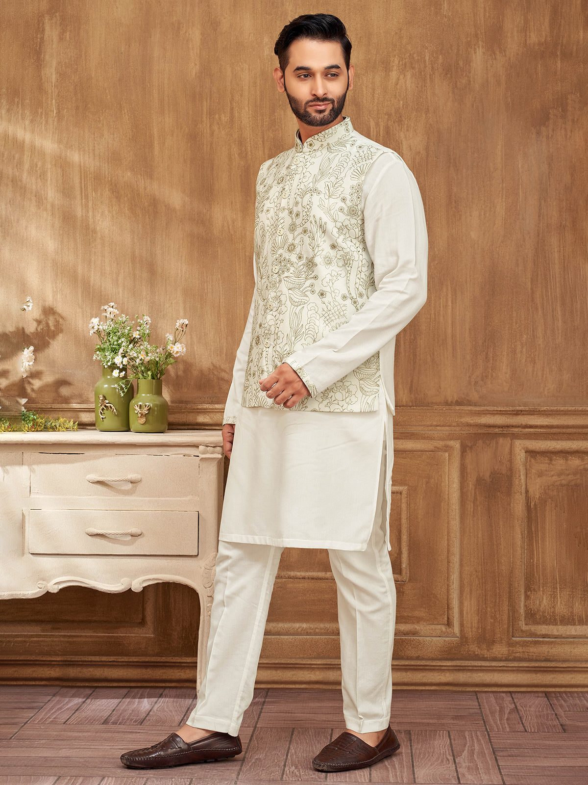 Timeless cream embroidered waistcoat set for elegant occasions