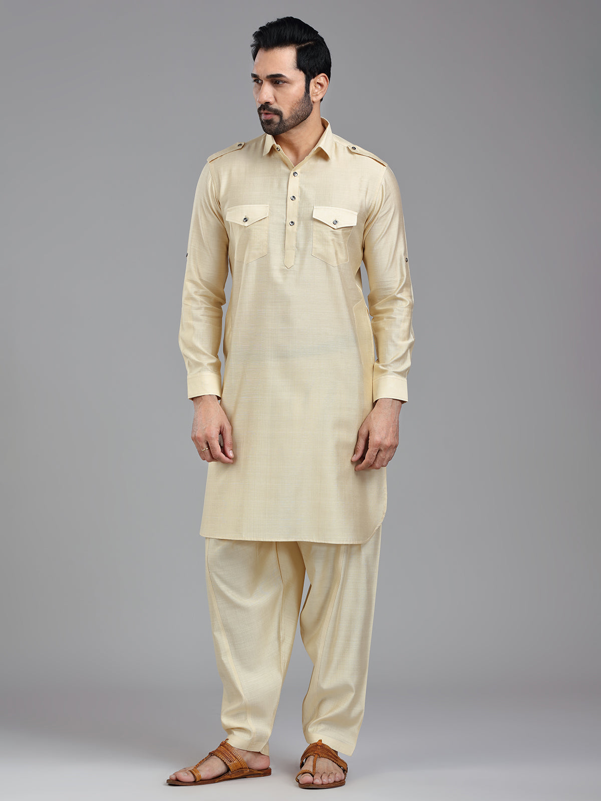 Timeless elegance almond beige pathani kurta suit