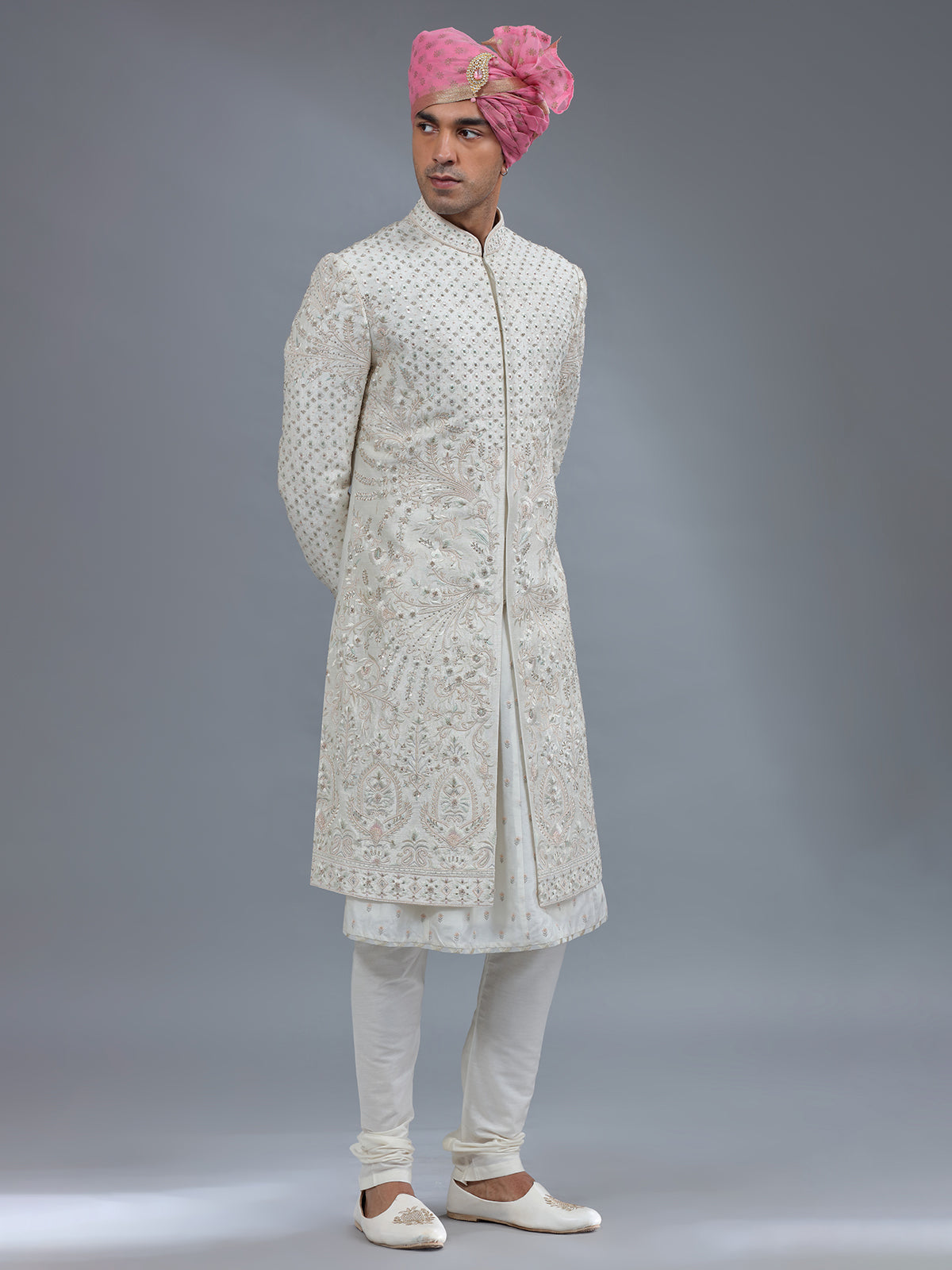 Traditional light cream peshwai style sherwani