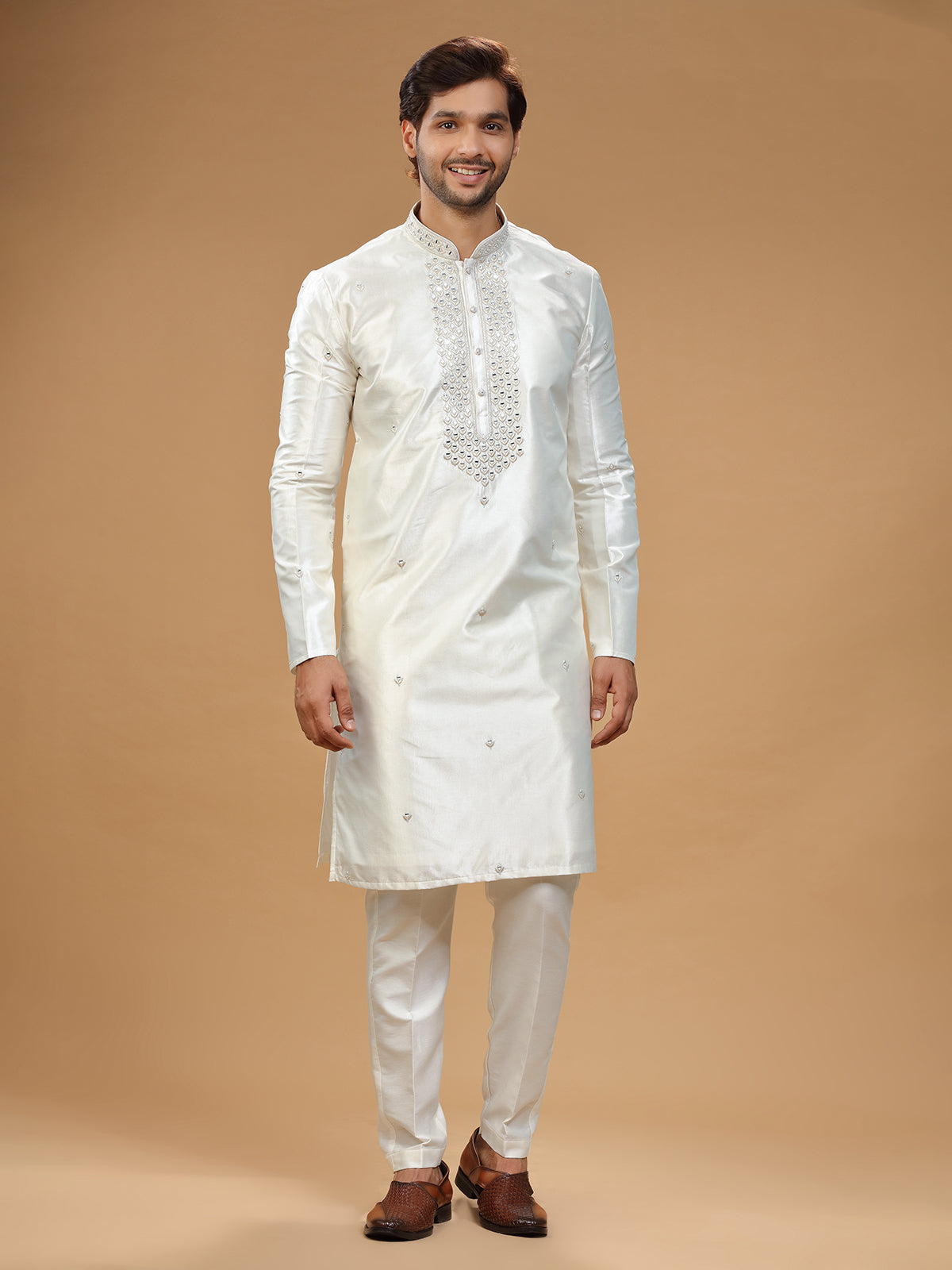 Traditional silk cream kurta suit