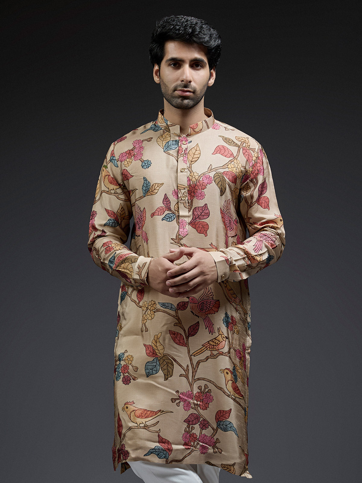 Trendy applique beige printed silk kurta suit for men