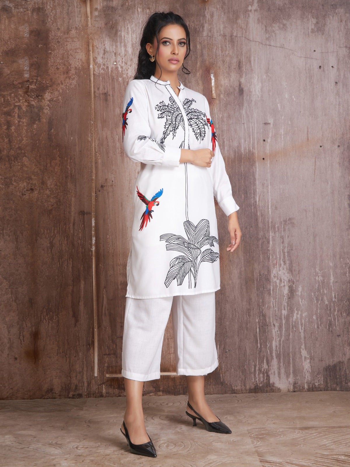 Trendy cotton white printed co-ord set
