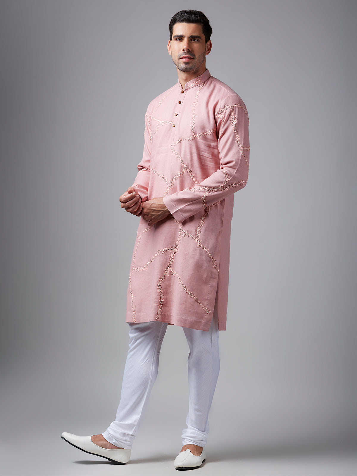 Trendy light pink linen kurta suit for festive