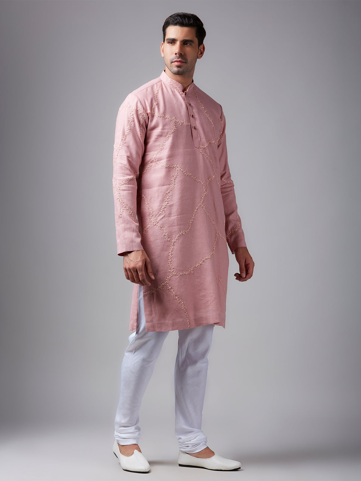 Trendy light pink linen kurta suit for festive