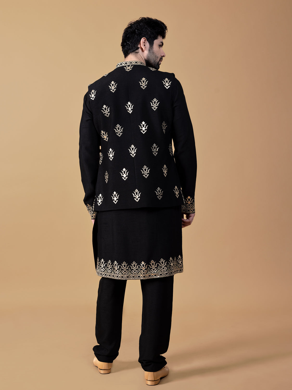 Trendy raw silk black waistcoat set