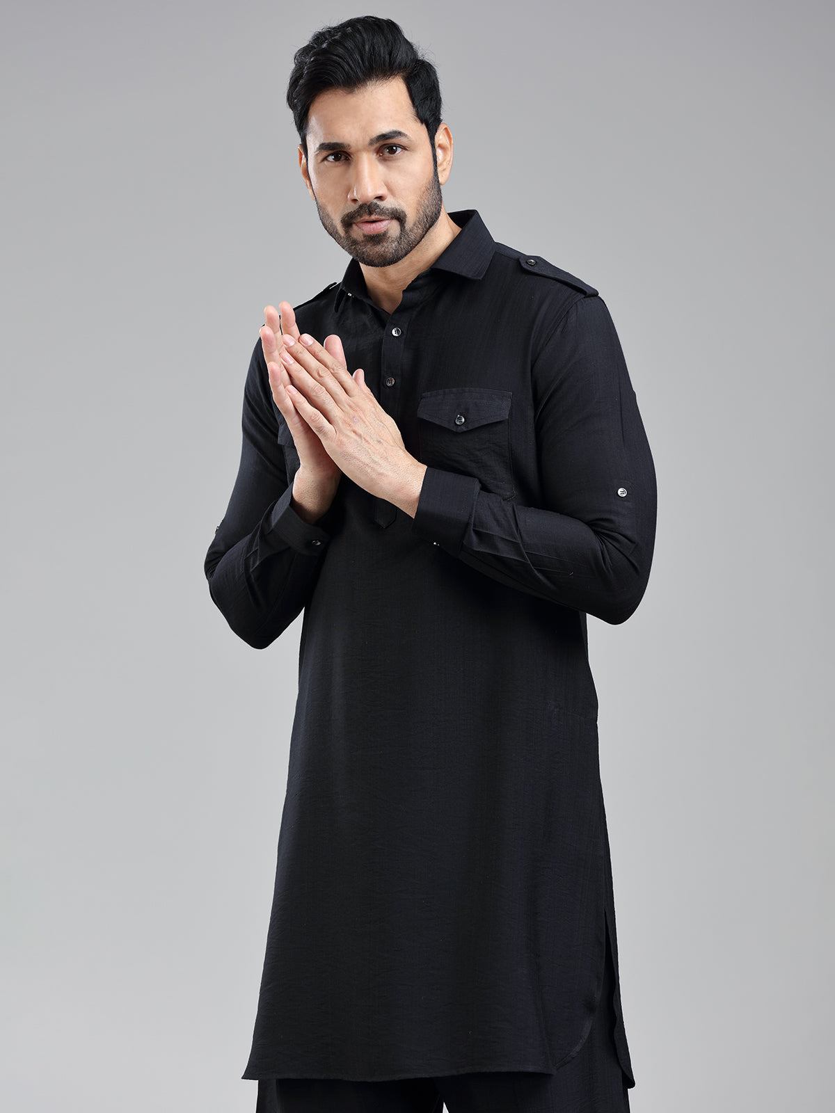 Understated classic black mens pathani kurta