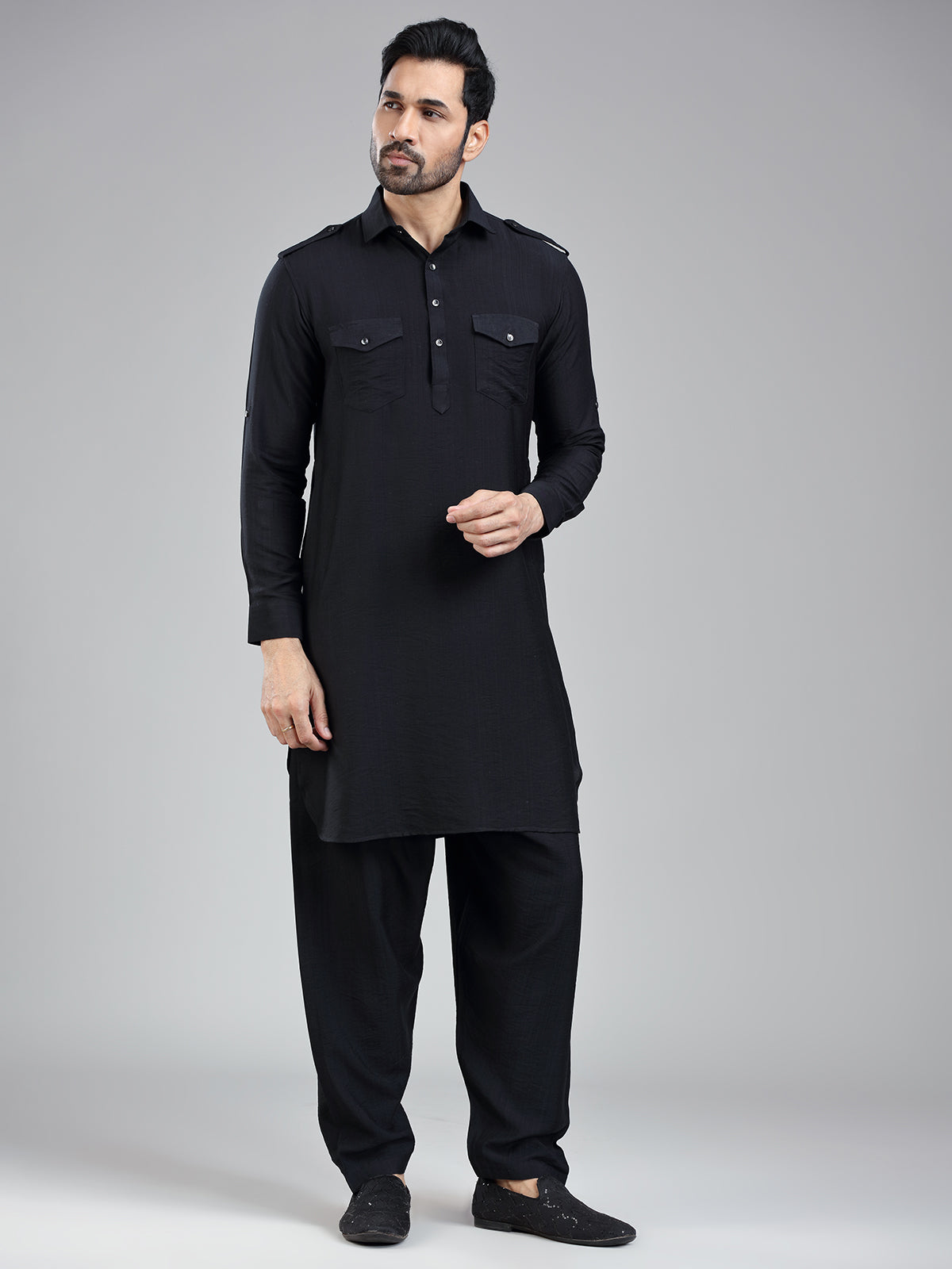 Understated classic black mens pathani with salwar