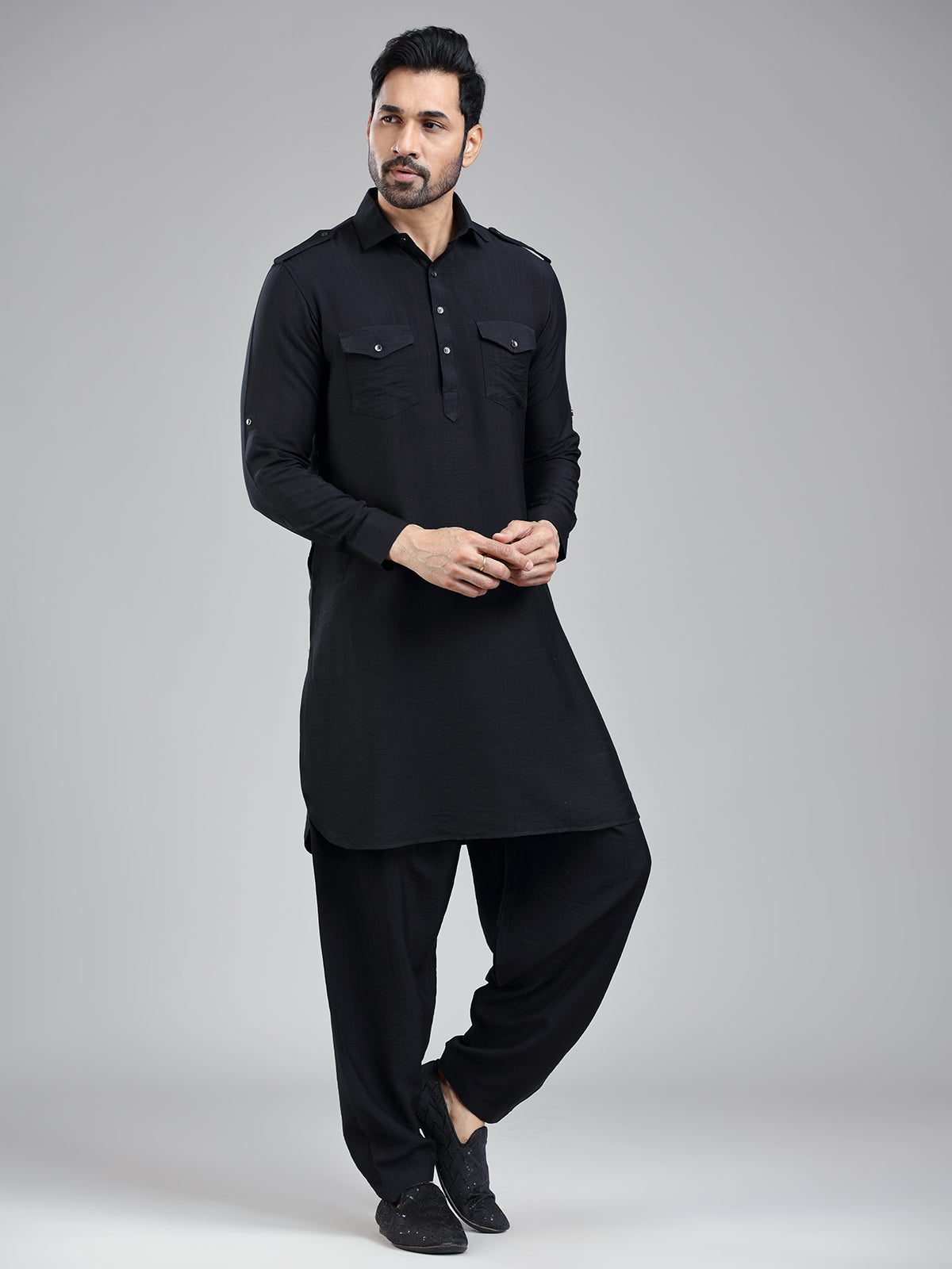 Understated classic black mens pathani with salwar