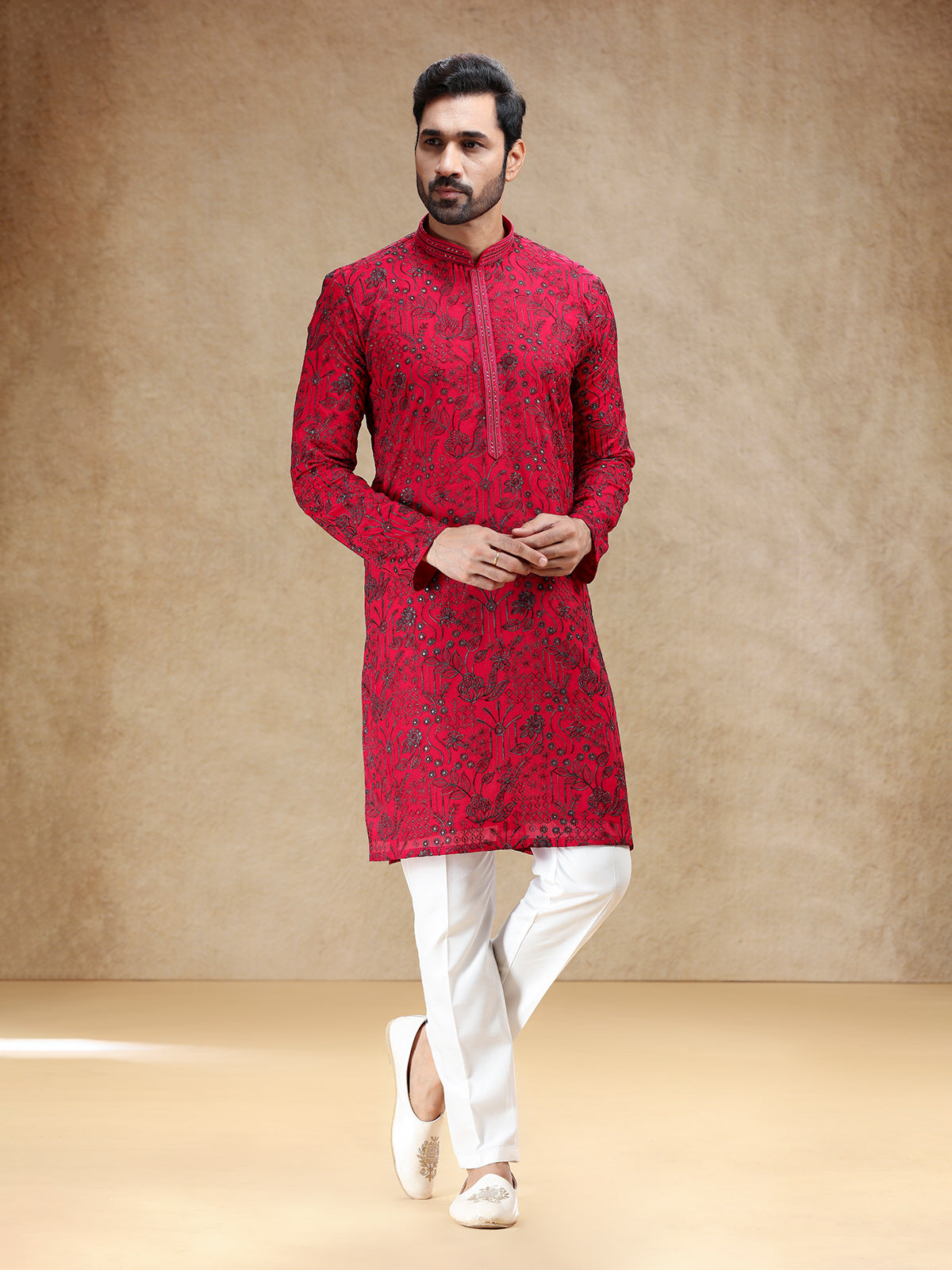 Vibrant hot pink georgette men kurta pajama