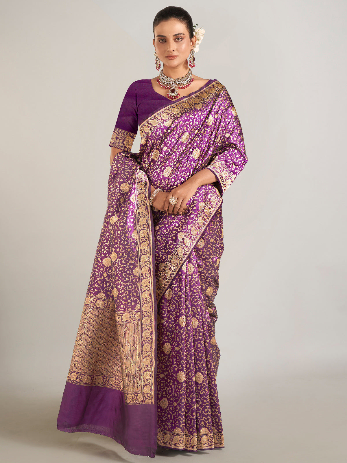 Wedding style purple banarasi silk saree