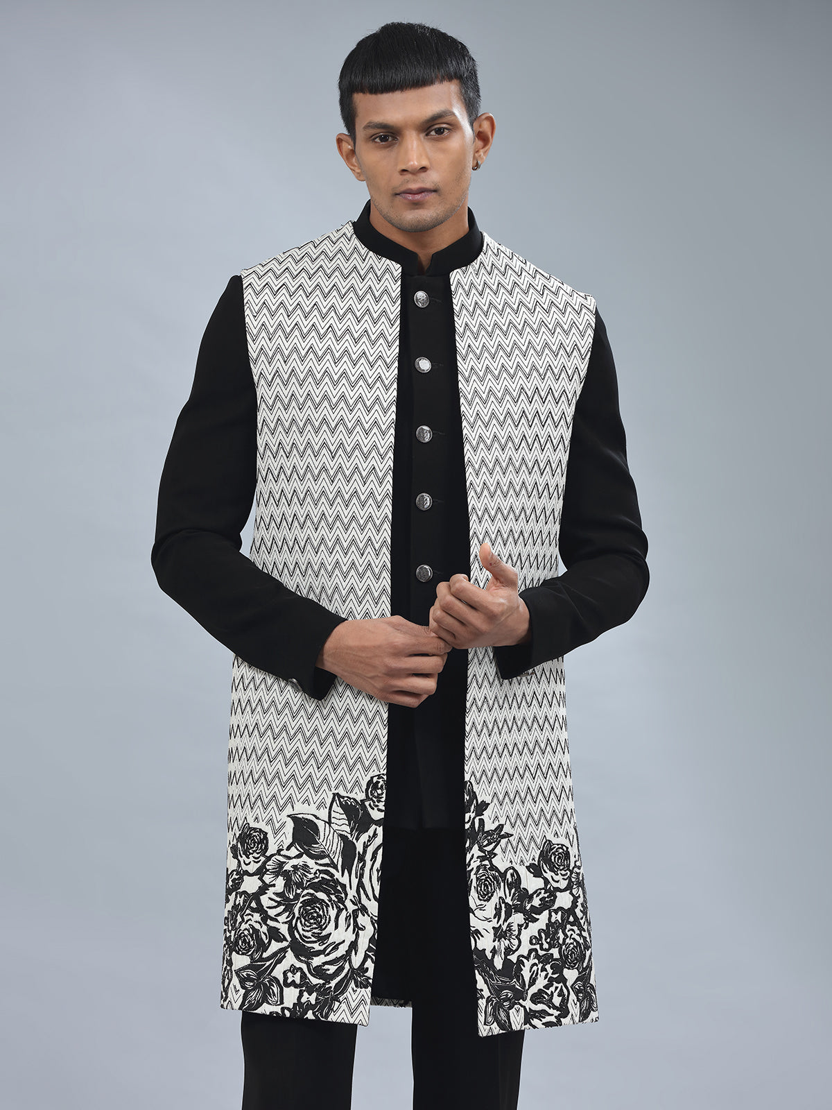 White and black terry rayon indowestern