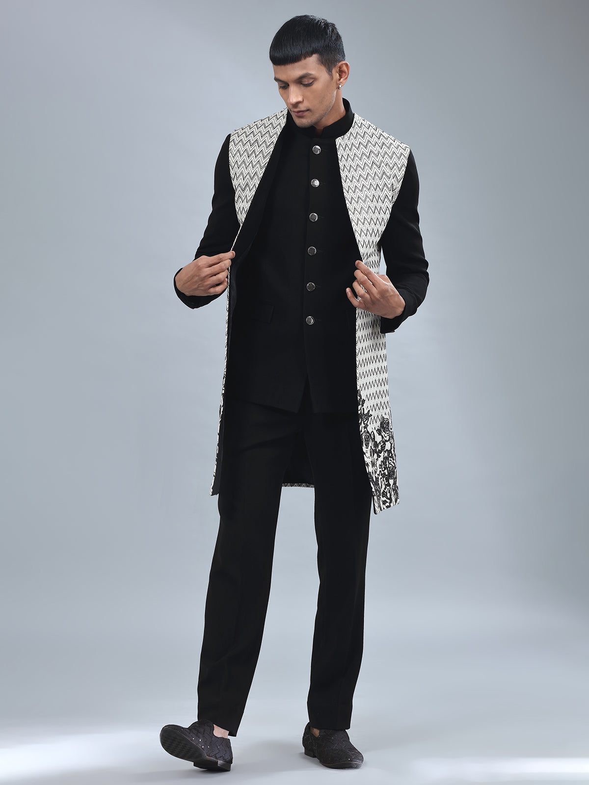 White and black terry rayon indowestern