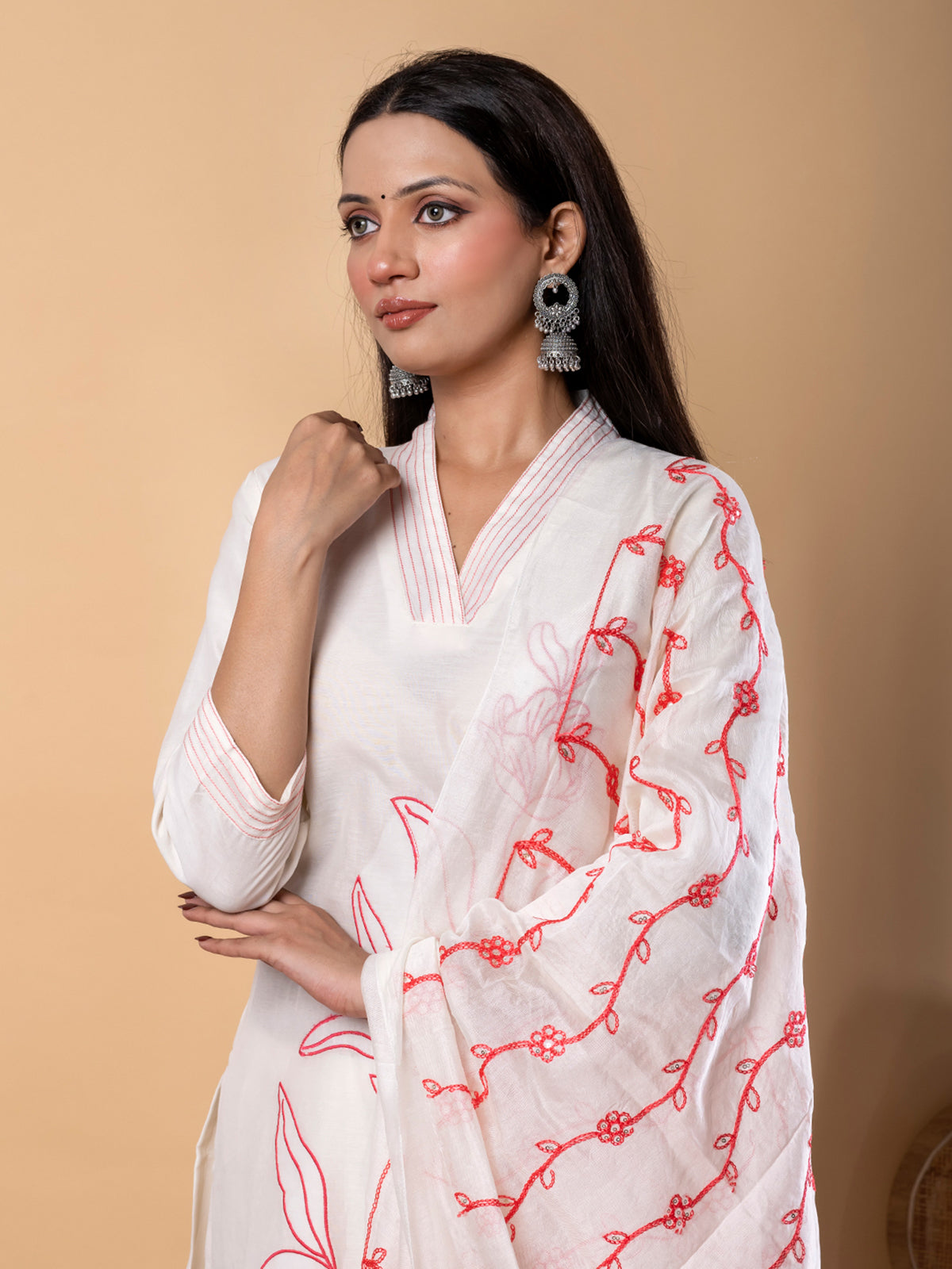 White and pink cotton kurti set with dupatta